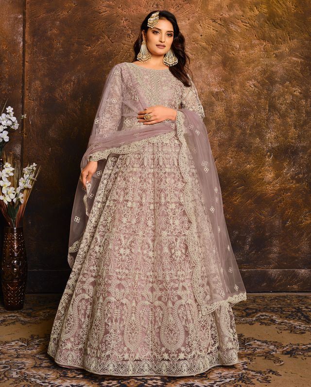 Light Purple Net Heavy Thread Embroidery Work  Anarkali Suits