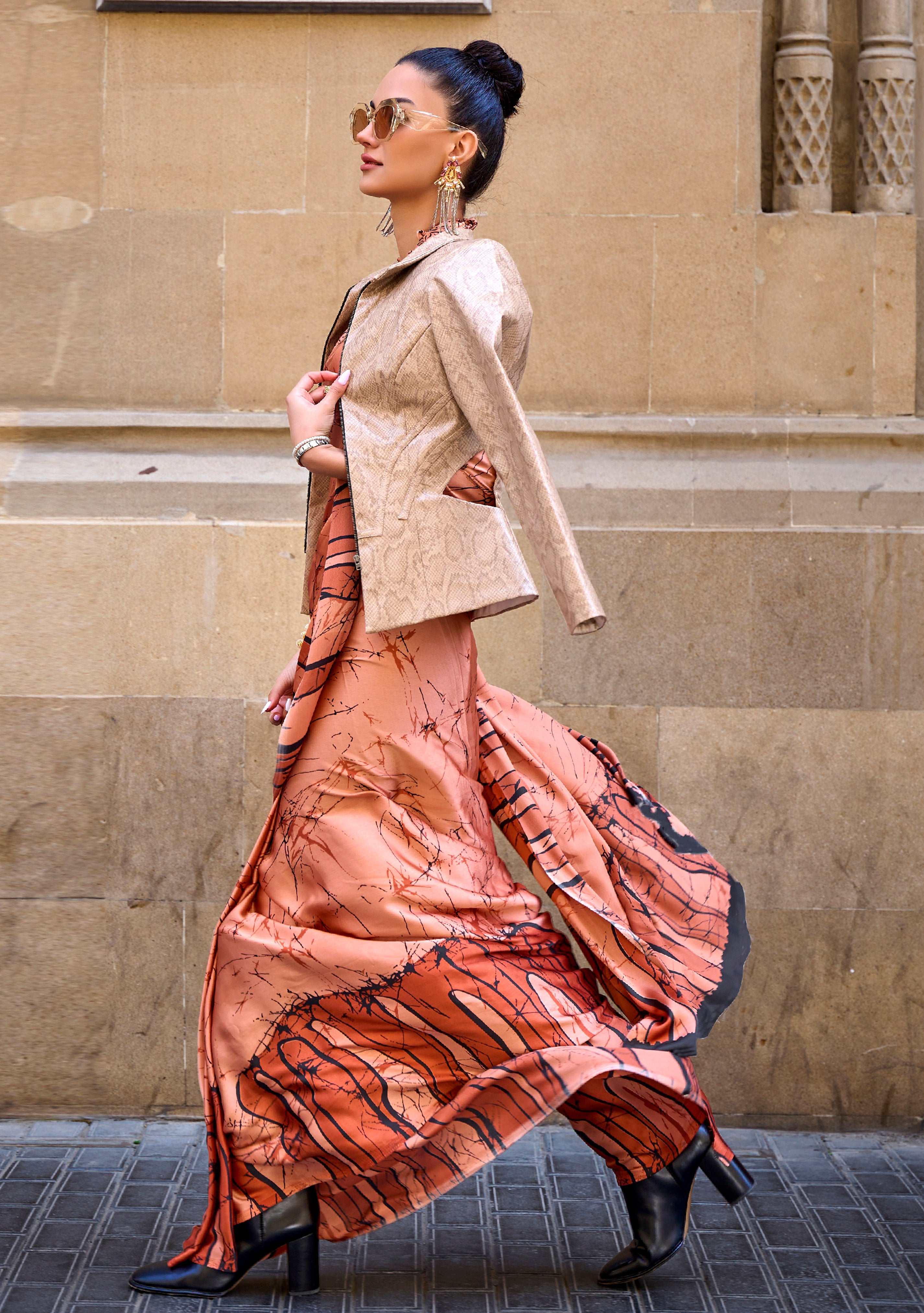 Light Rust Japan Satin Crape Saree with  Printed Work