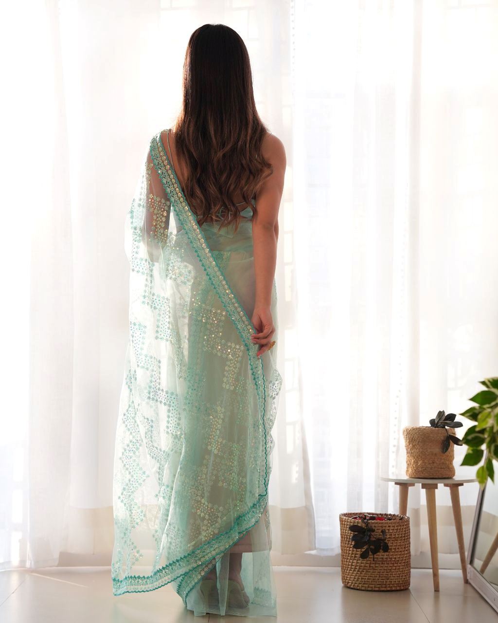 Light Sky Colour Butter Fly Net Heavy Work Saree