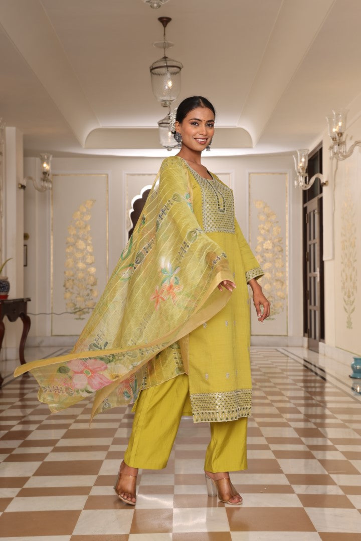 Light Yellow Cotton Silk Designer Suit Set With Handcrafted Embroidery