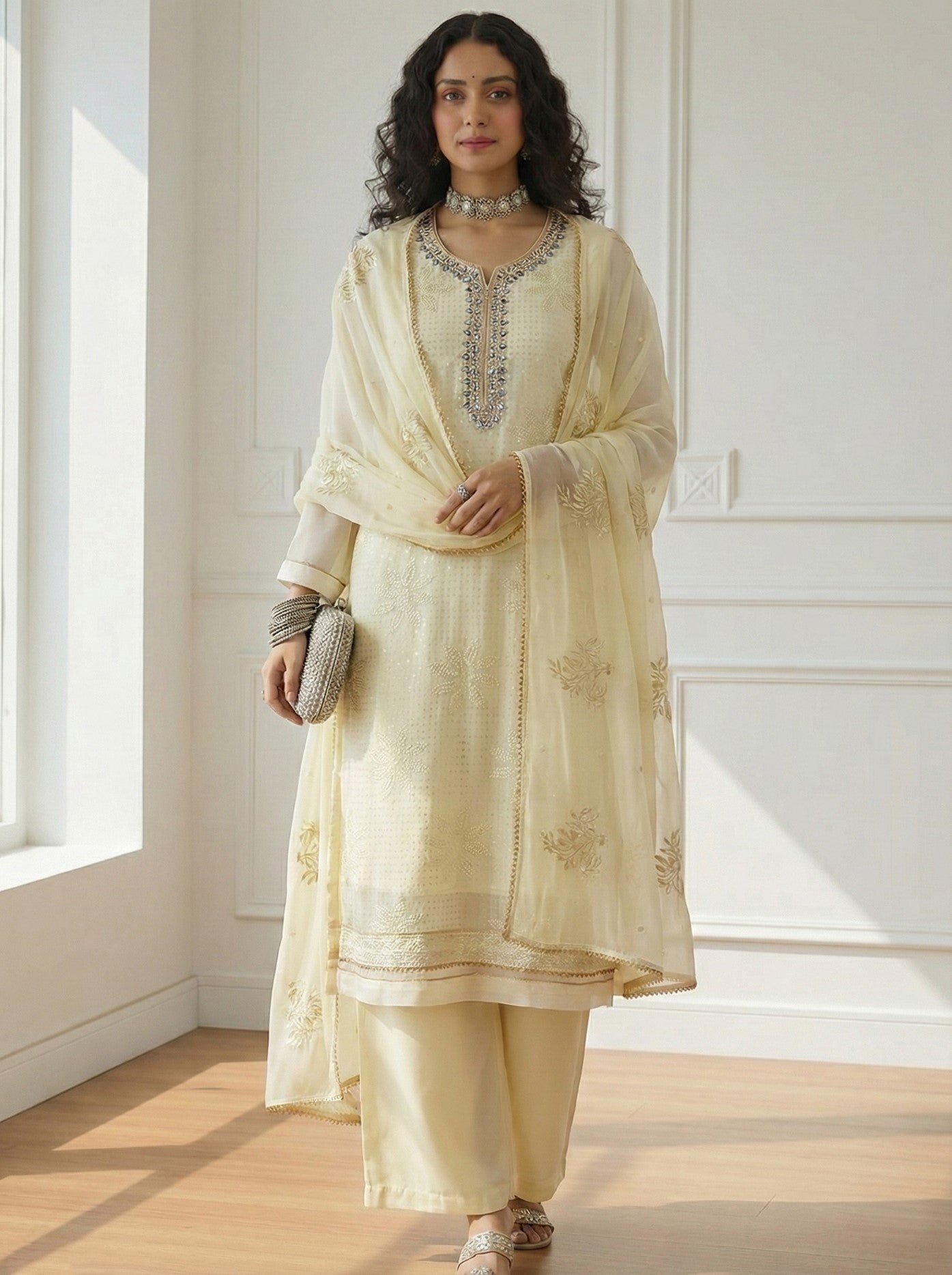 Light Yellow Georgette Salwar Suit With Khatli Embroidery