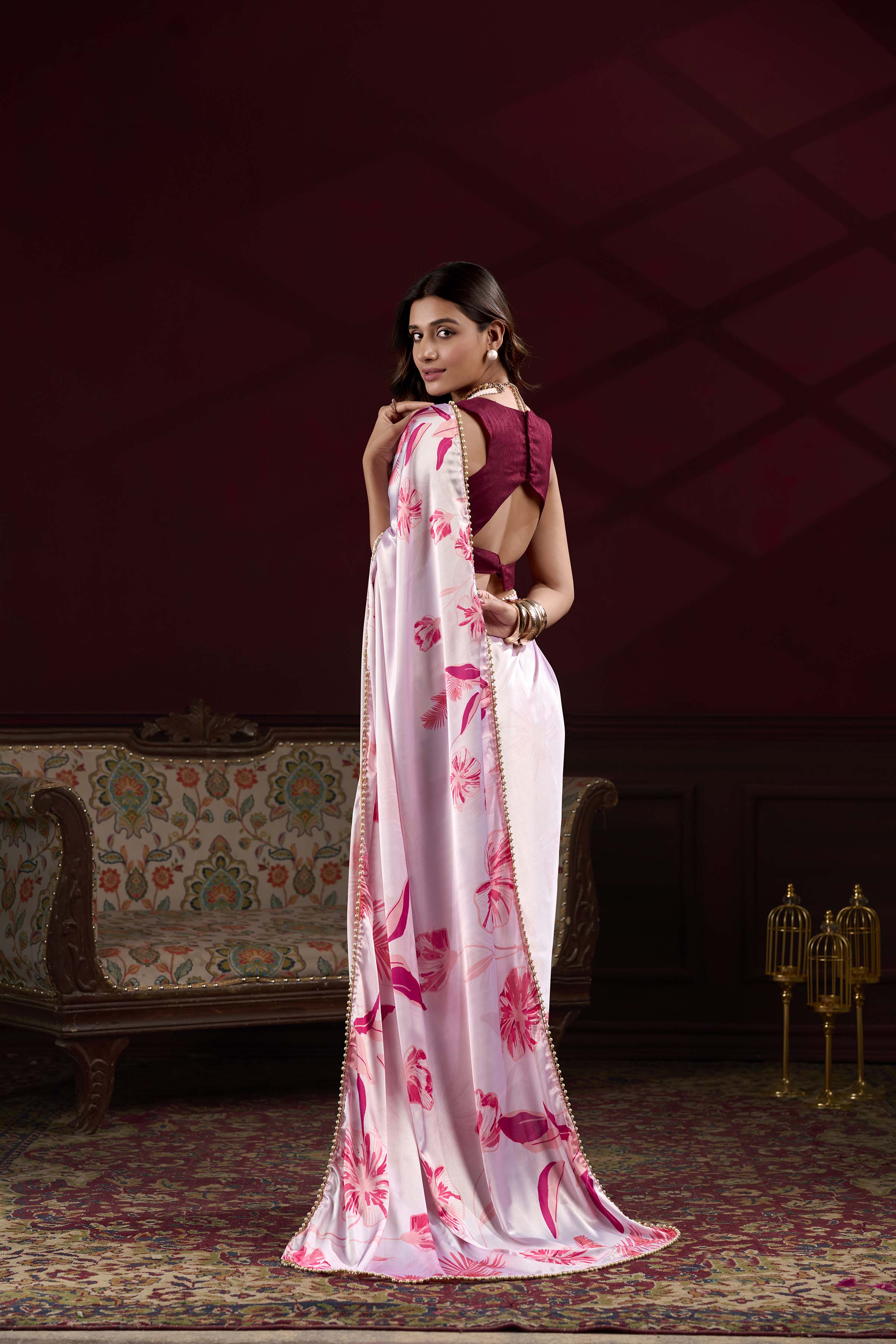 Light pink Floral Printed Satin Silk Saree with Pearl Lace Border