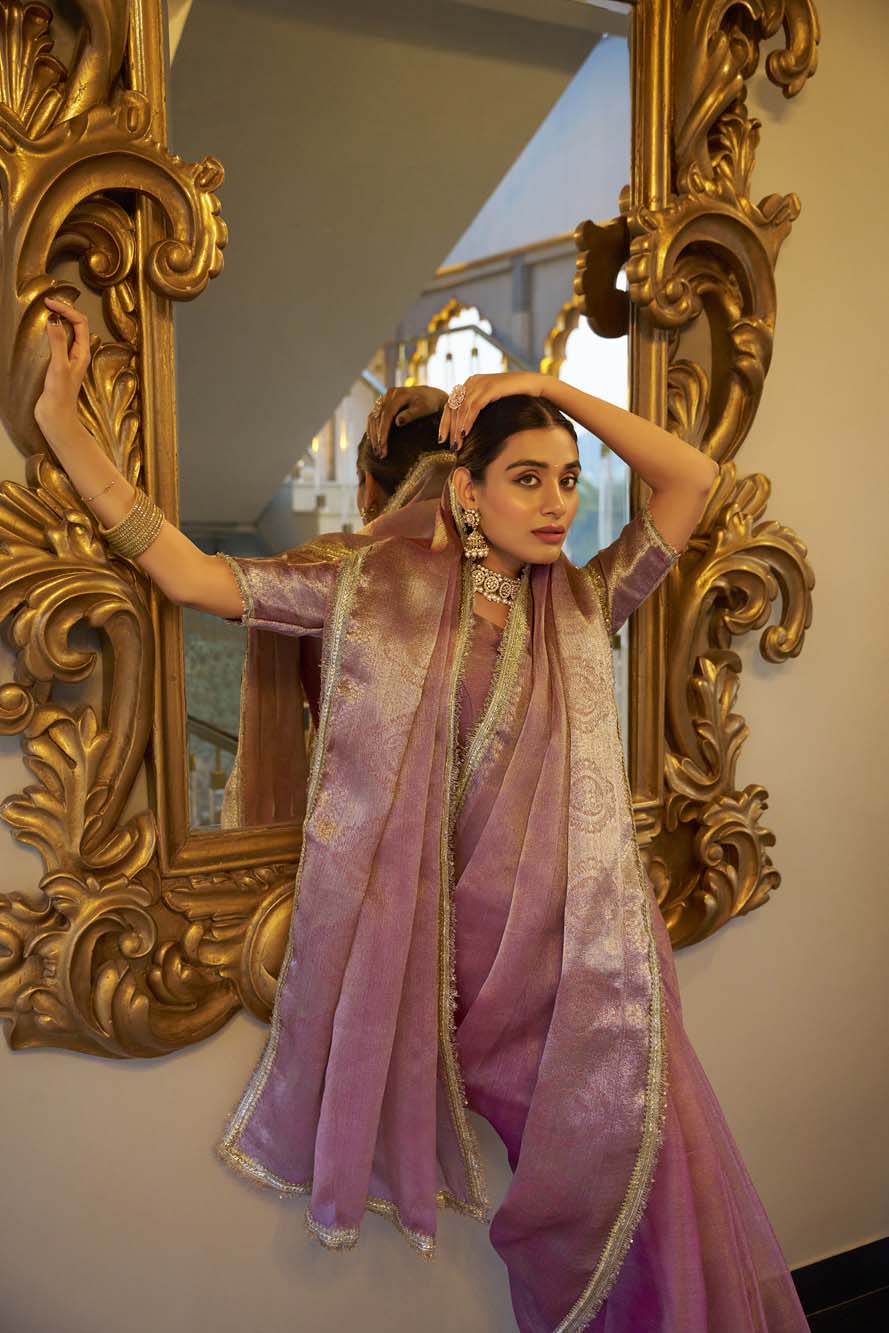 Light pink Tissue Shimmer Saree with Zari Weaving & Sequins Lace