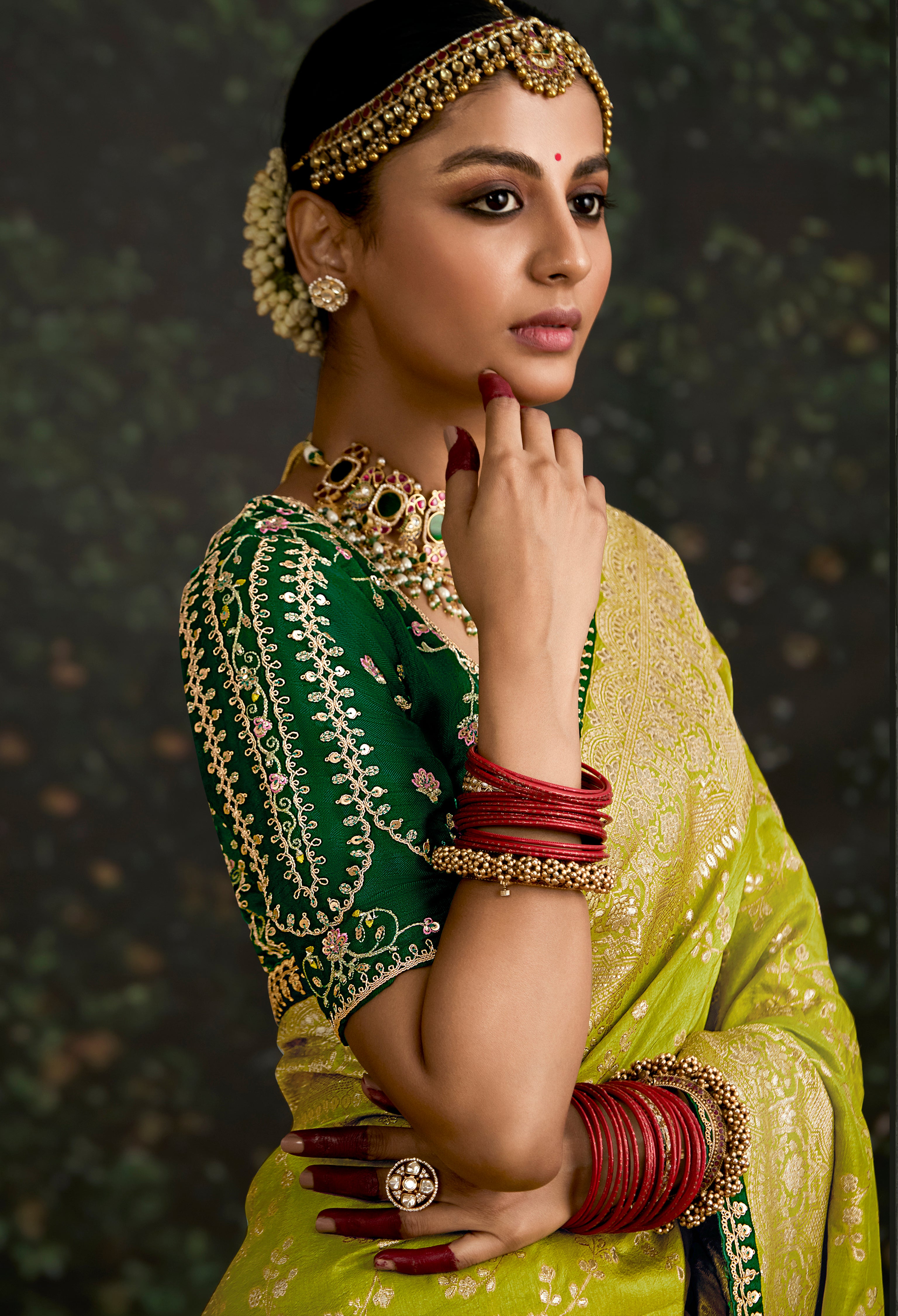 Lime Dola Silk Saree With  Jacquard Woven with Embroidered Lace Border