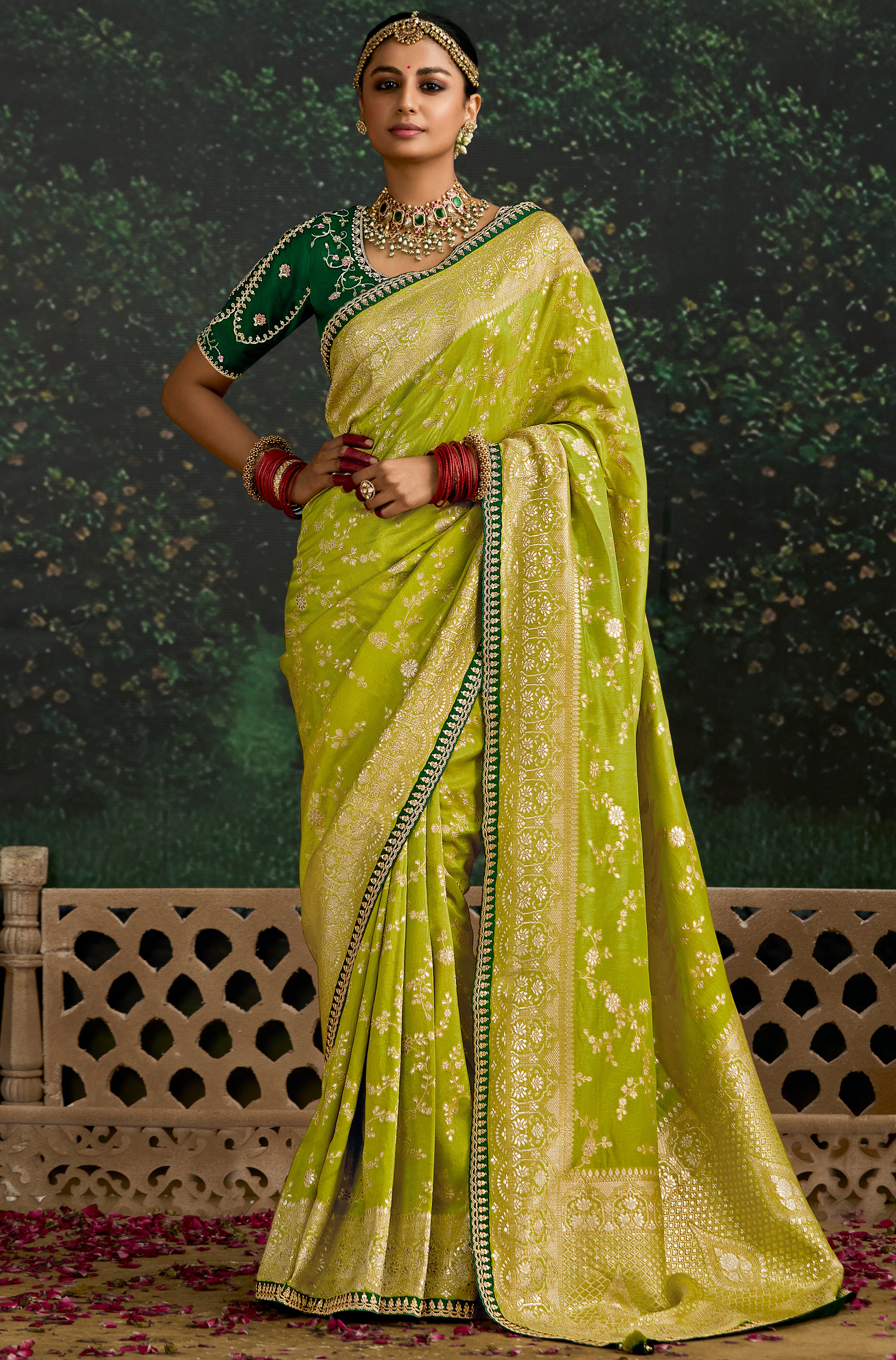 Lime Dola Silk Saree With  Jacquard Woven with Embroidered Lace Border