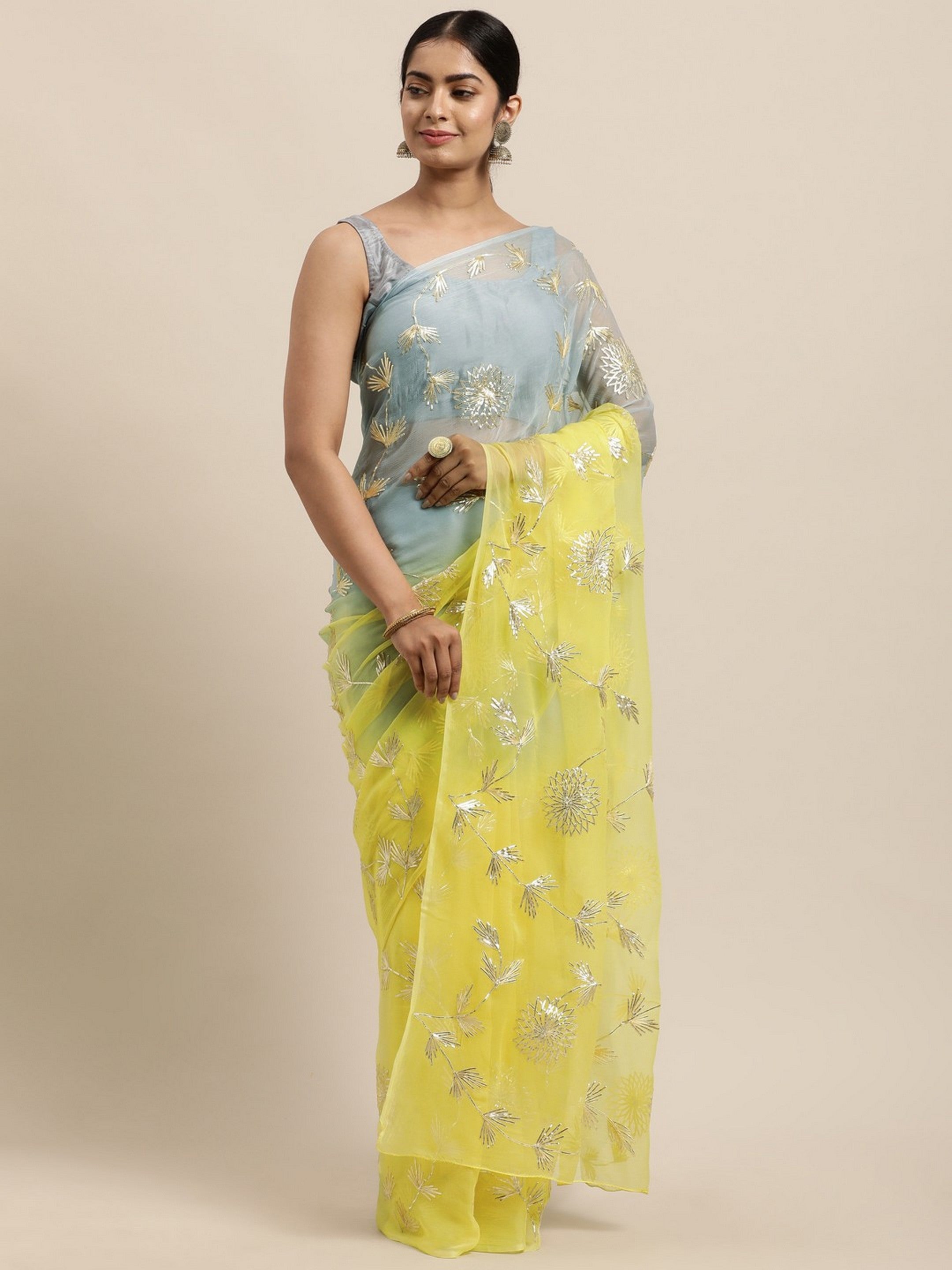 Lime Girlie Organza Designer Gota Patti Work Traditional Rich Saree