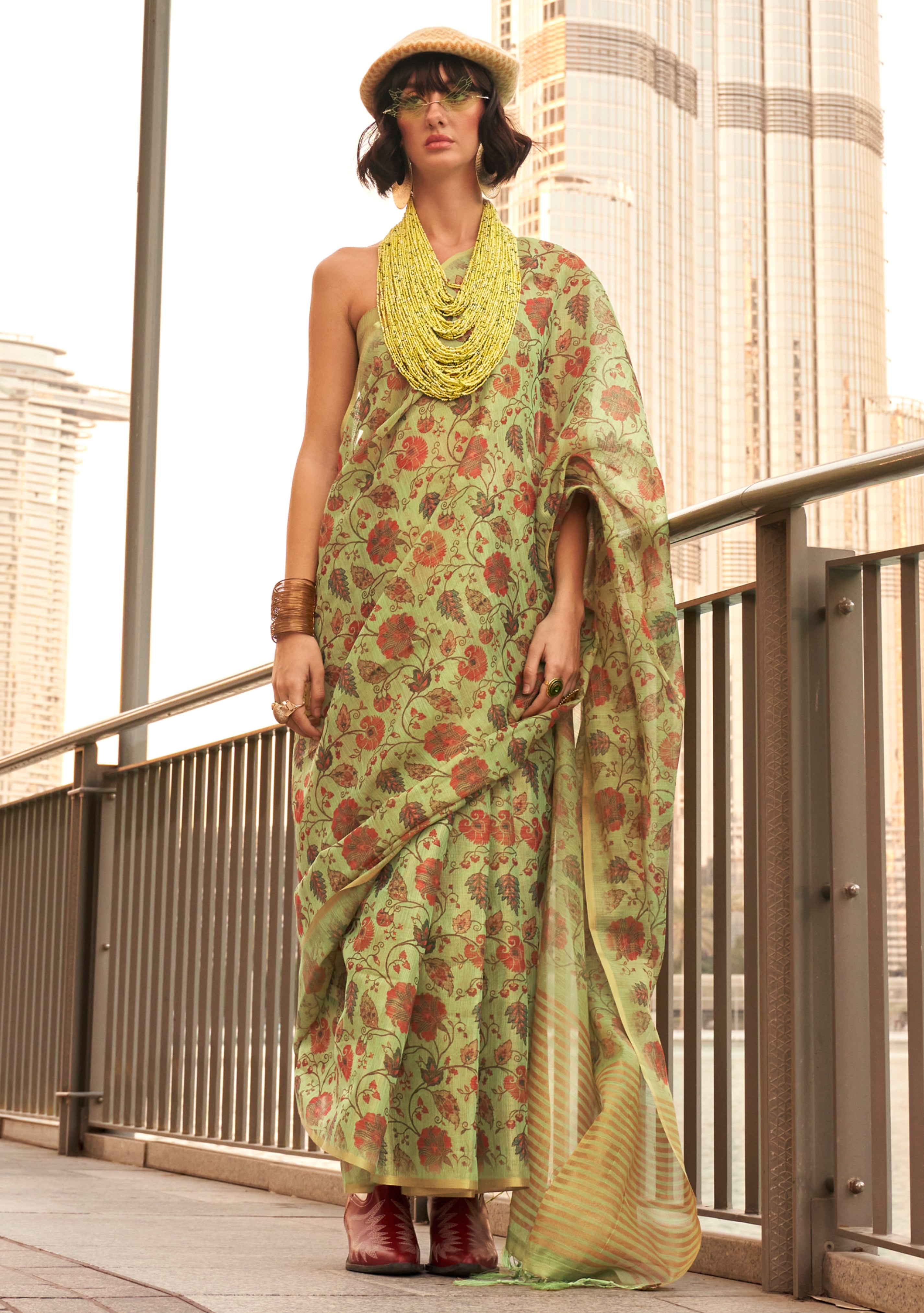 Lime Green Tissue Silk Saree With  Printed