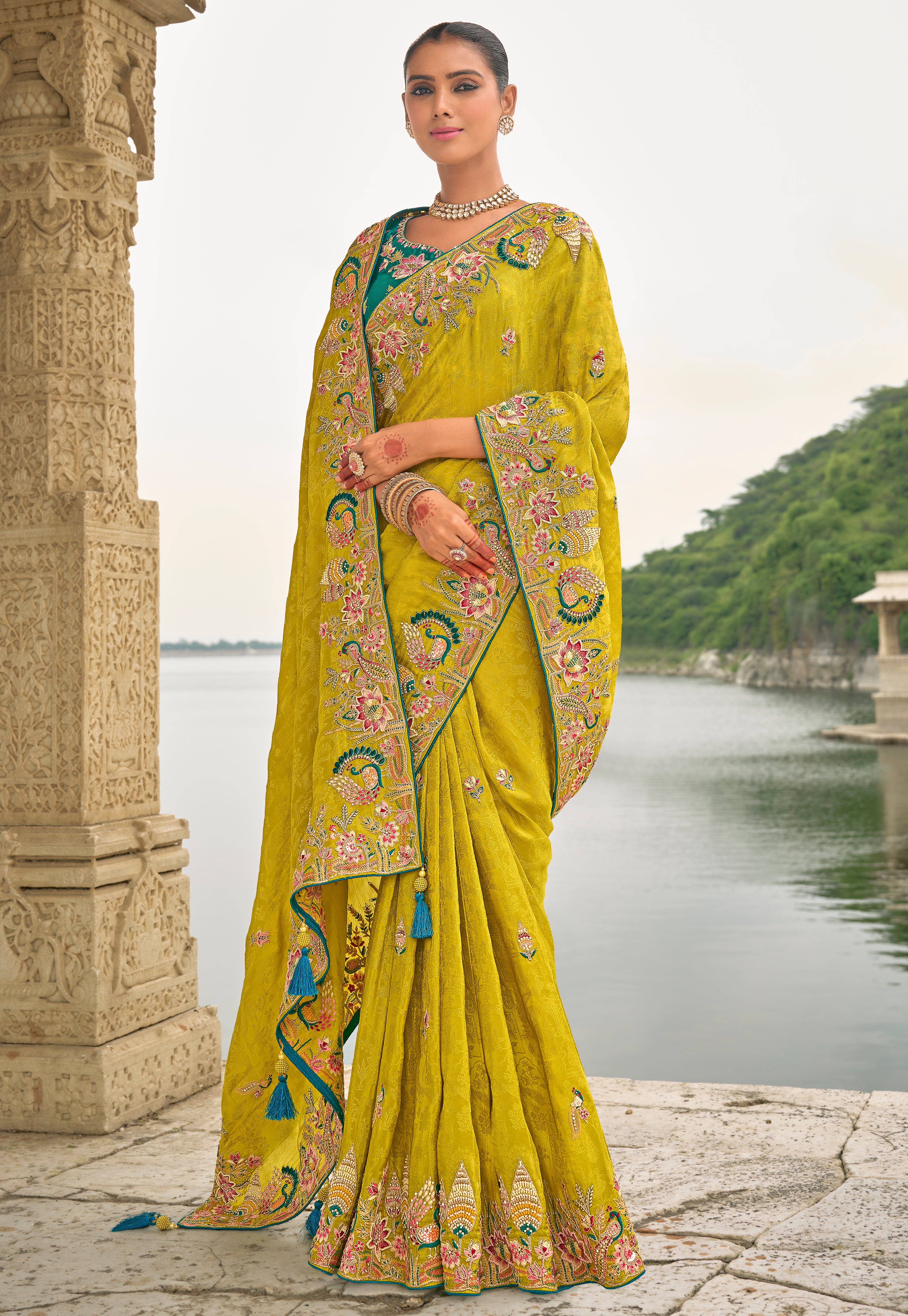 Lime Jacquard Saree With  Heavy Thread Embroidery and Sequins Work