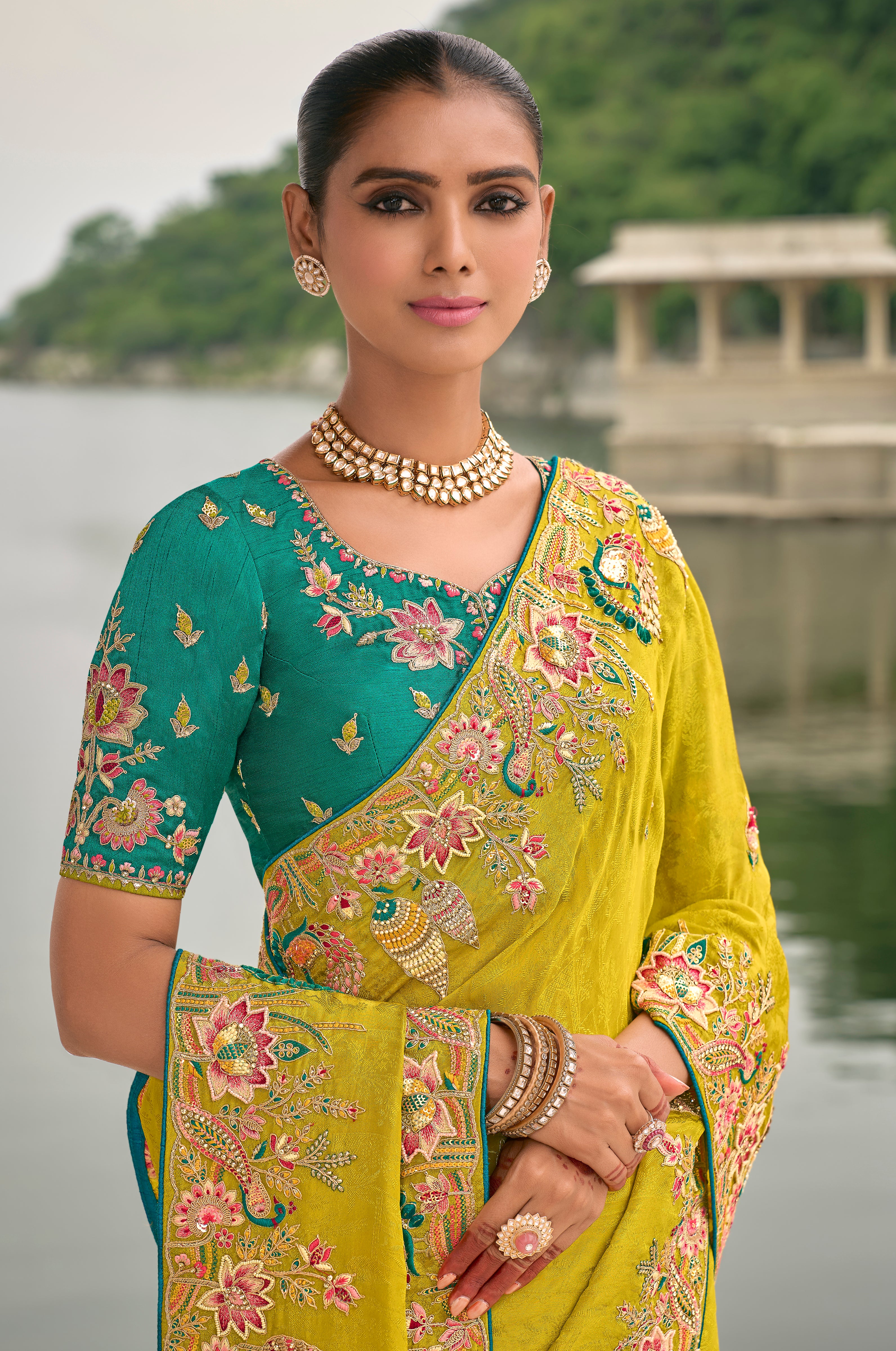 Lime Jacquard Saree With  Heavy Thread Embroidery and Sequins Work