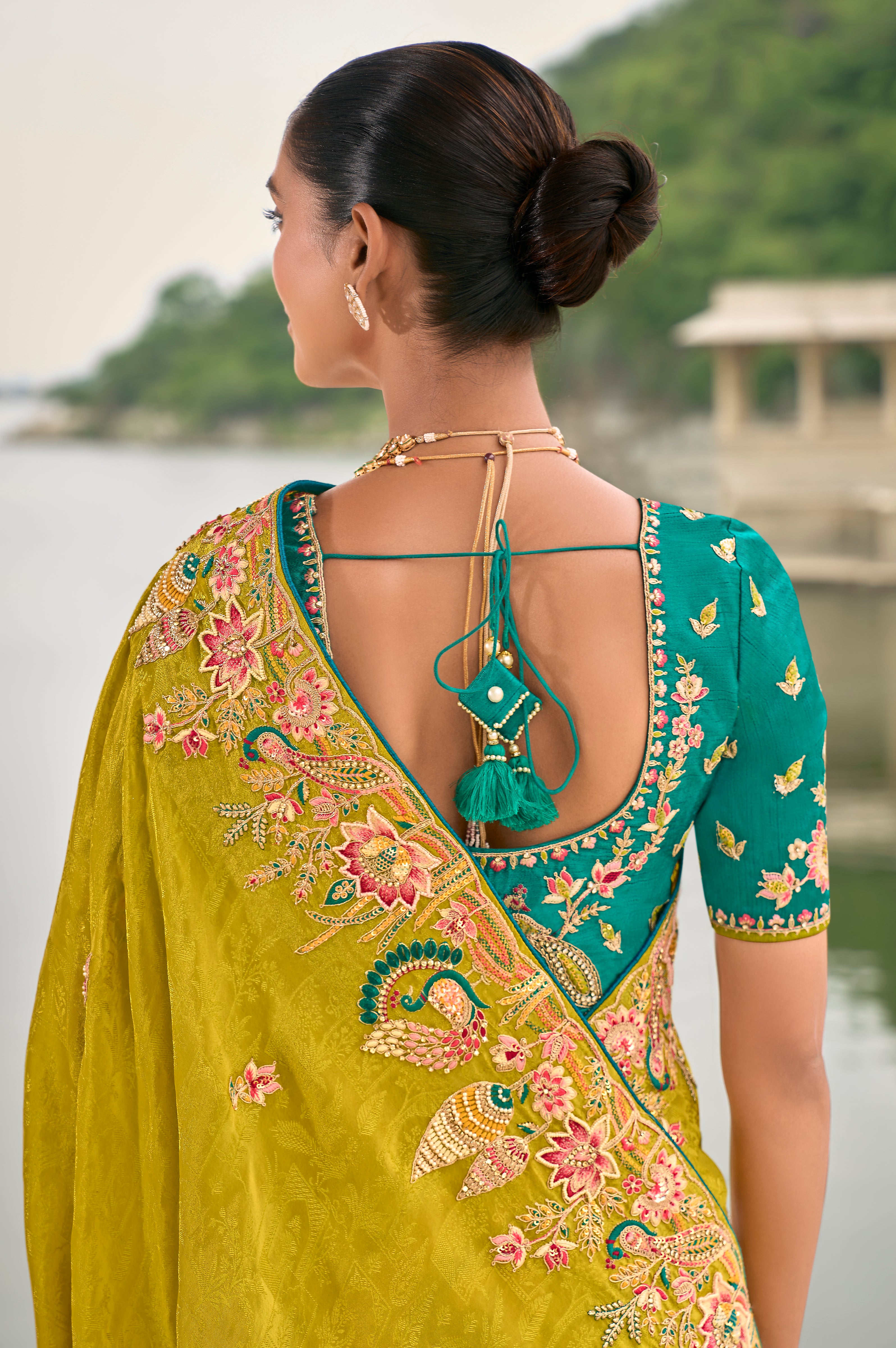 Lime Jacquard Saree With  Heavy Thread Embroidery and Sequins Work