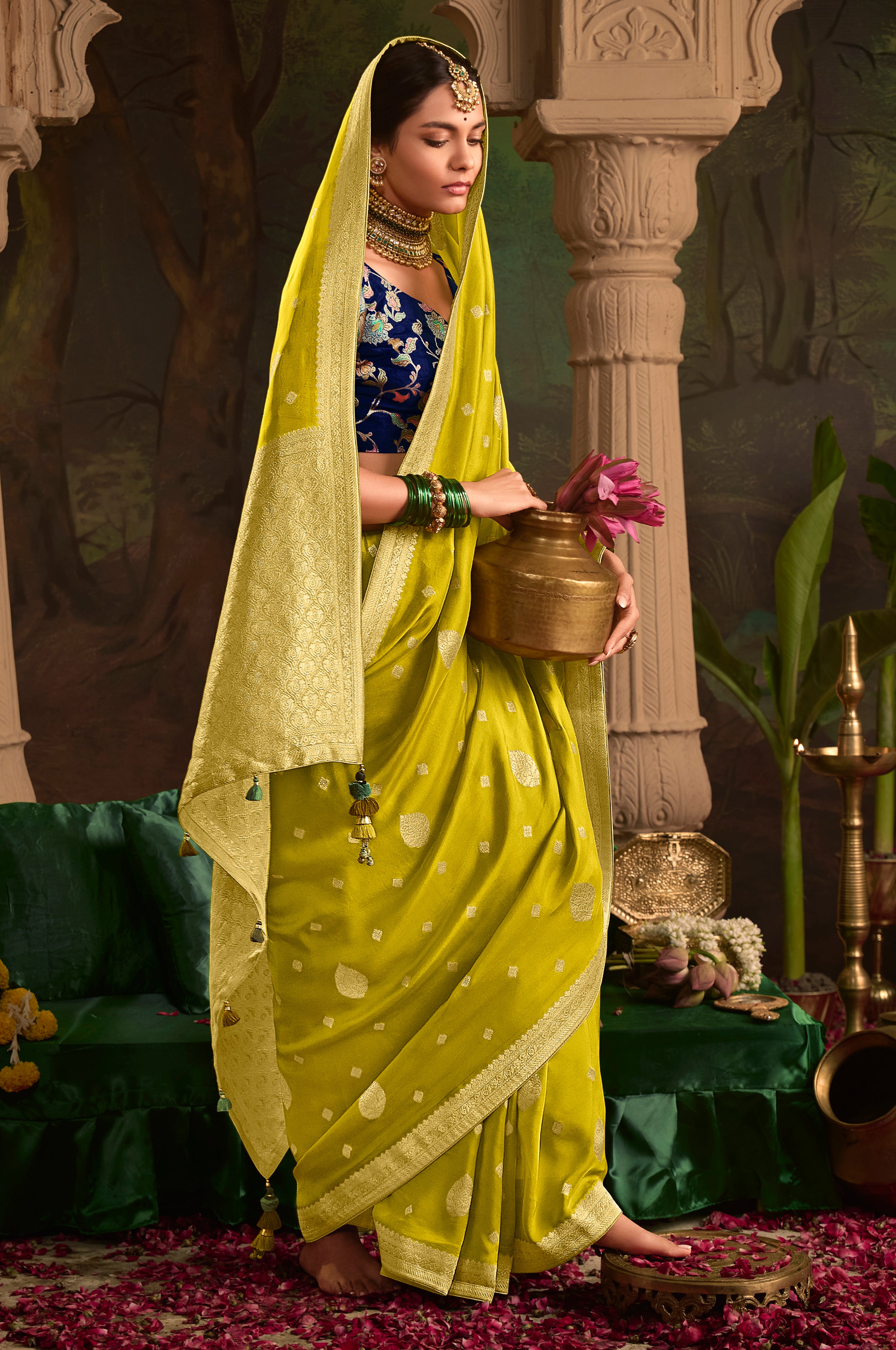 Lime Pure Crepe Dola Silk Saree With Jacquard Woven Work