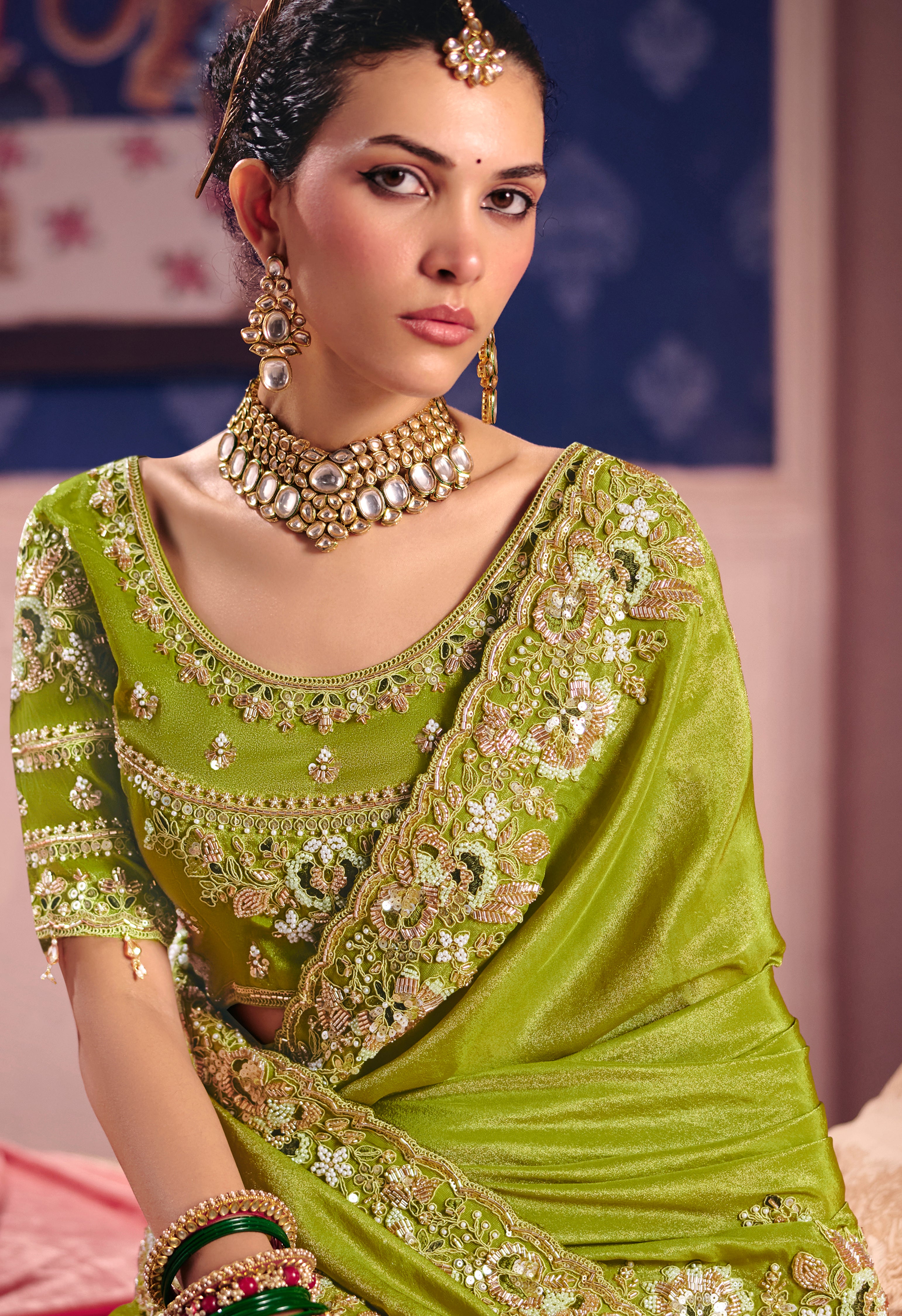 Lime Saree With  Heavy Embroidery, Beads With Sequince Work