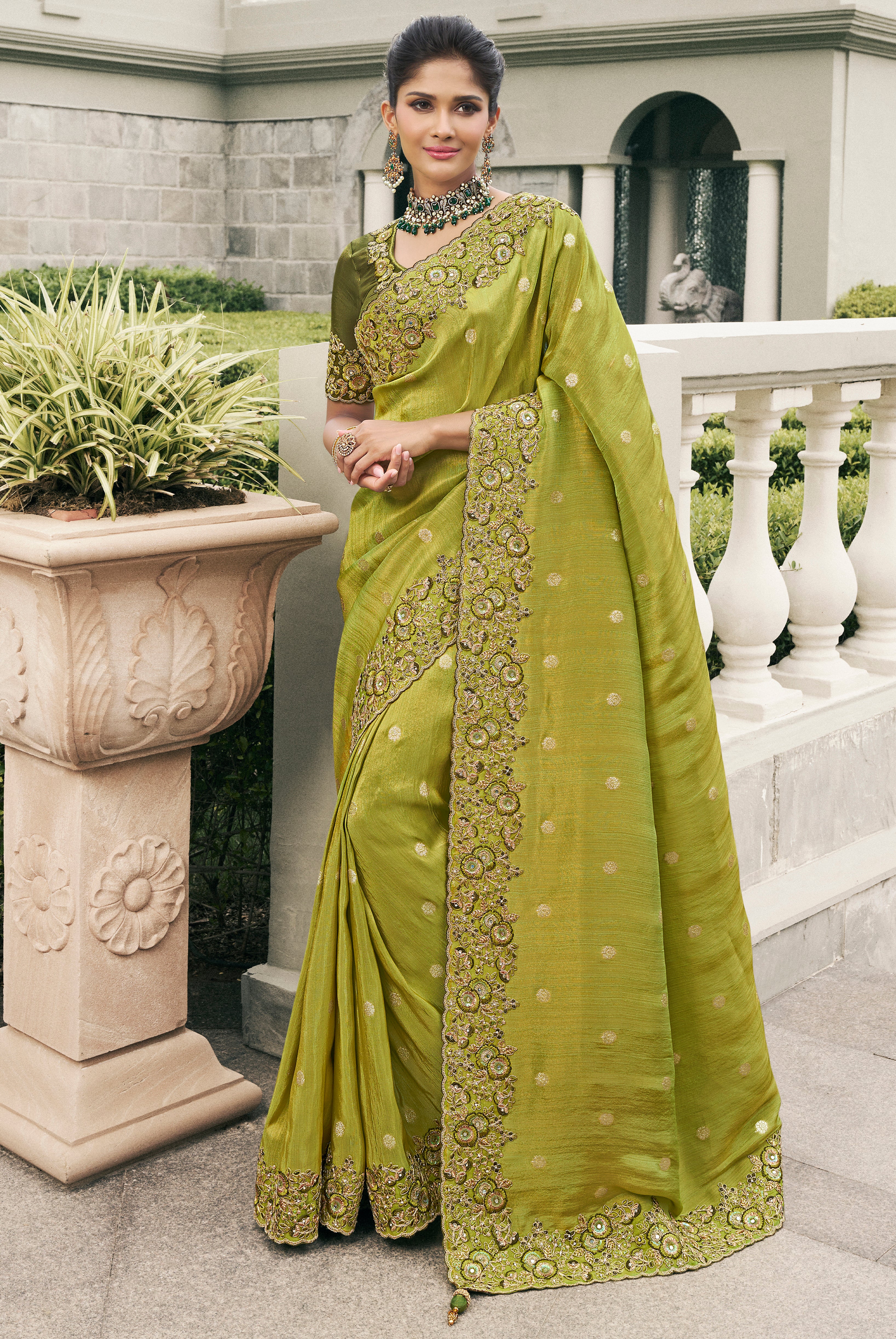 Lime Saree With  Heavy Thread Embroidery, Stone, Pearl, Real Mirror Work