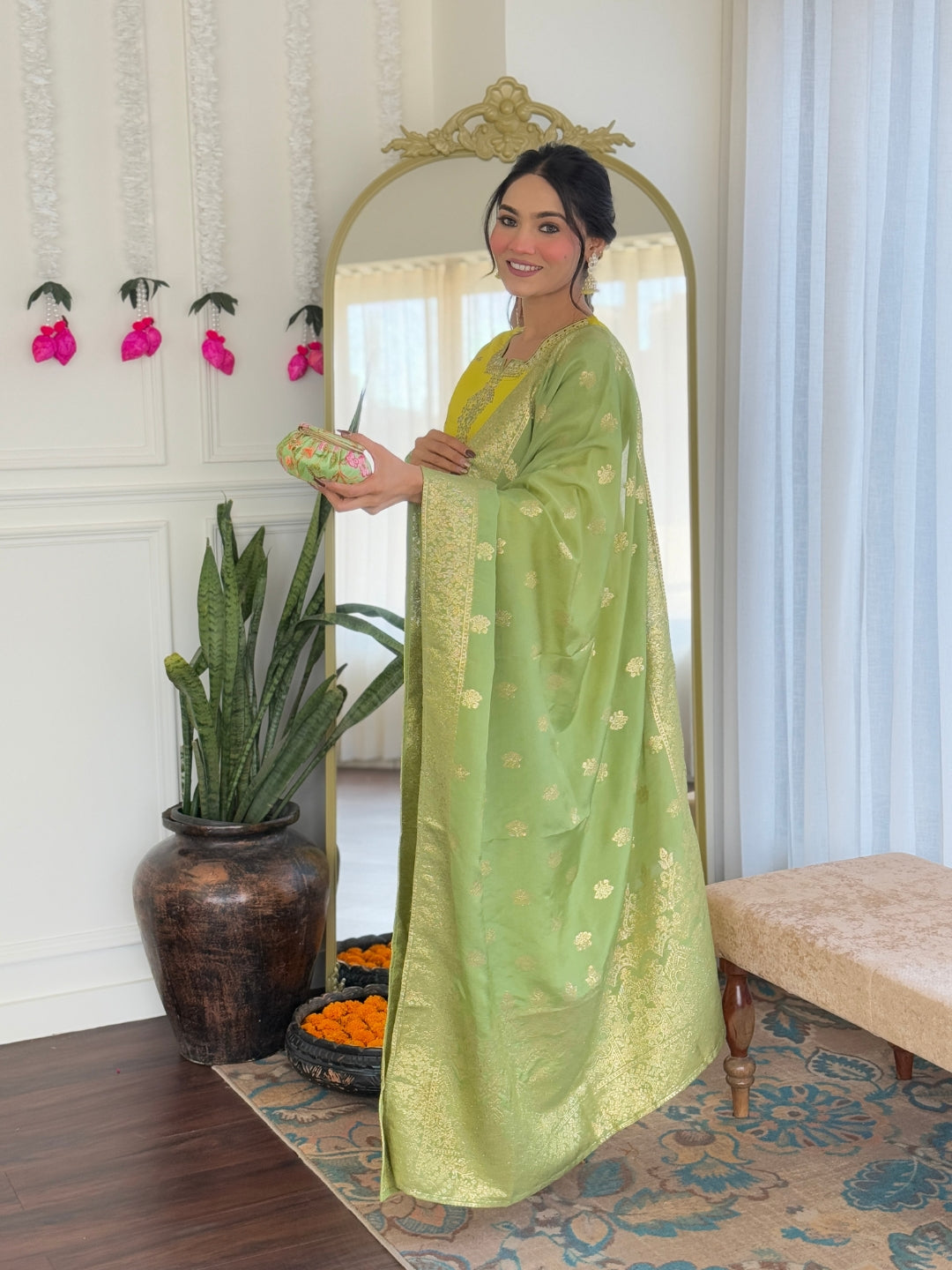 Liril Chanderi Viscose Kurta Pant with Heavy Thread Embroidery Work With Jacquard Dupatta