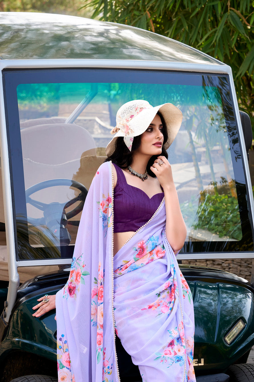 Luvender Floral Marble Saree with Lace Border