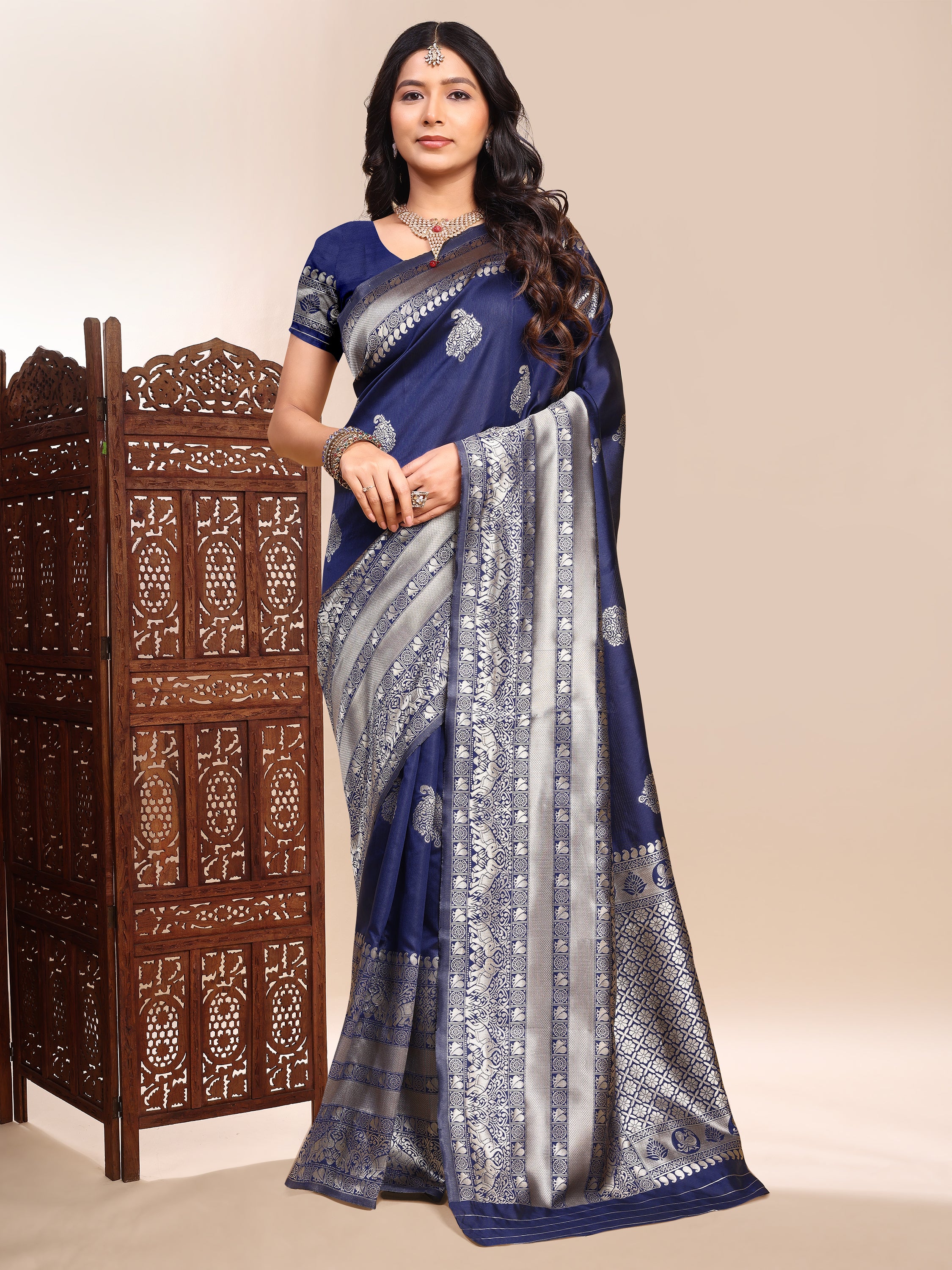 Luxury Navy Blue Lichi Silk Saree with Rich Zari Border