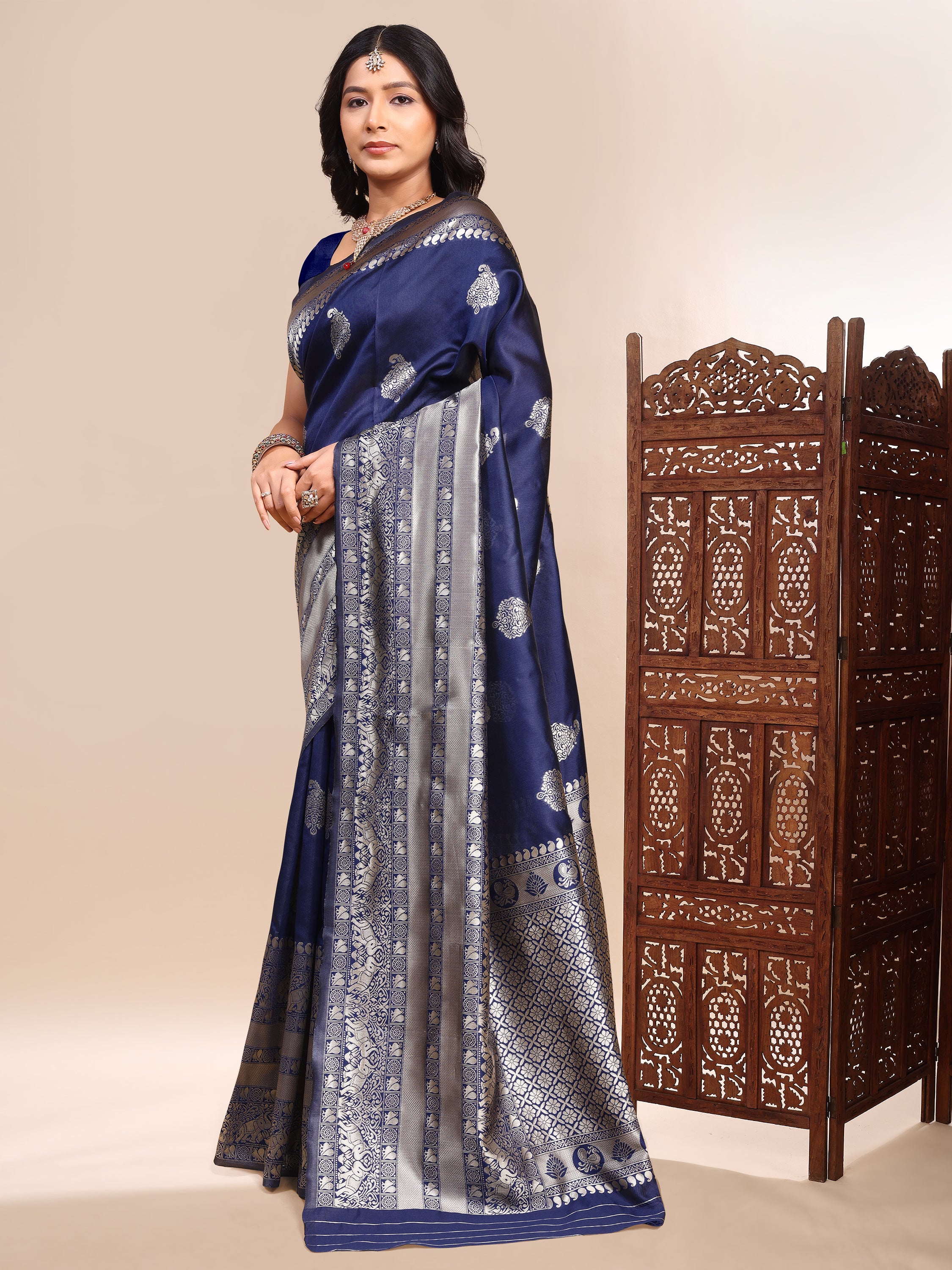 Luxury Navy Blue Lichi Silk Saree with Rich Zari Border