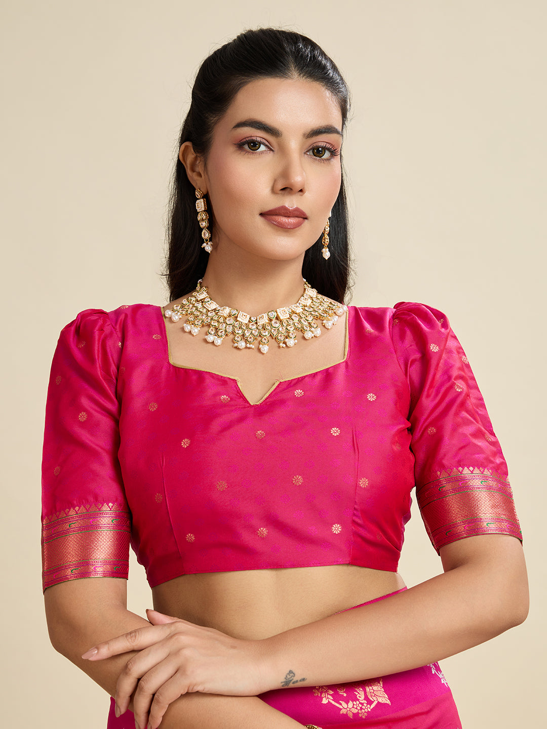 Magenta Banarasi Silk Saree with Silver Butti and Paithani Pallu