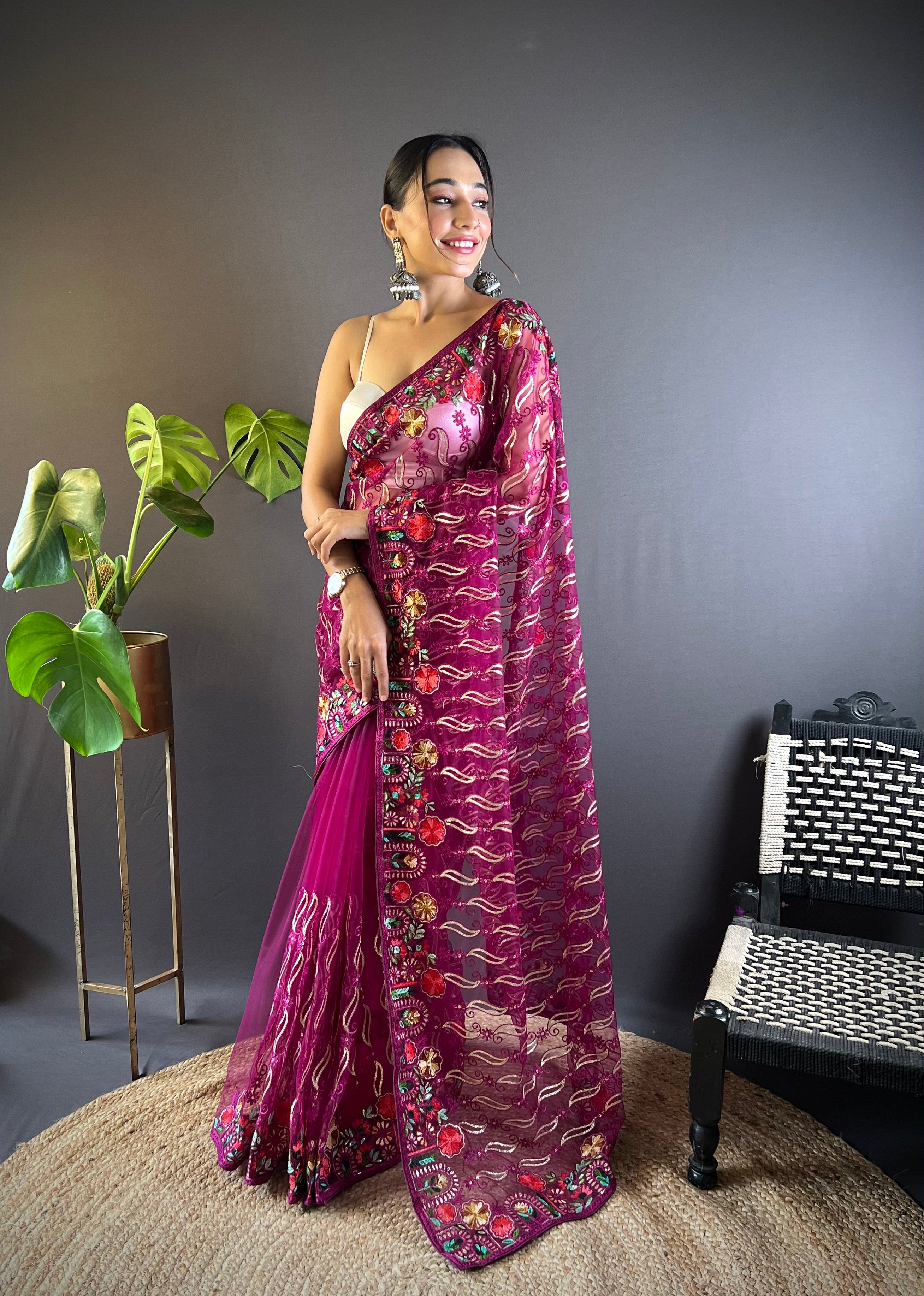 Magenta Girlie Butterfly Net Fabric Stylish Resham Embroidered Partywear Saree