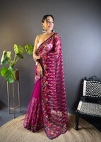 Magenta Girlie Butterfly Net Fabric Stylish Resham Embroidered Partywear Saree