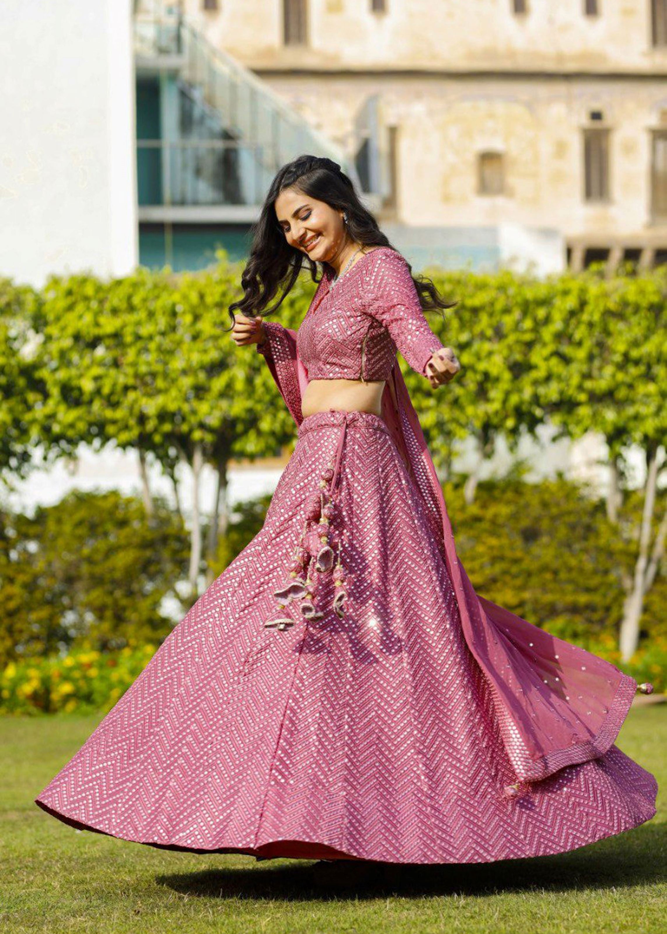 Magenta Lehenga Choli With Sequins With Multi Color Thread And Zari Embroidery Work