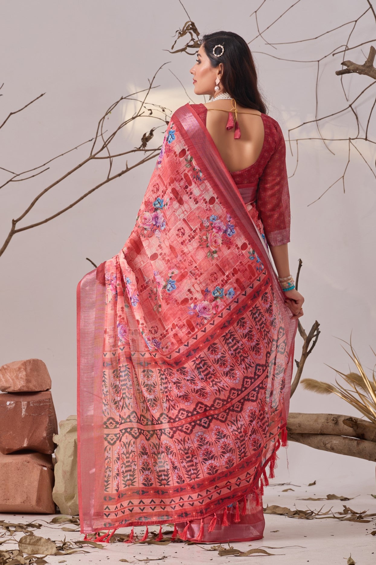Magenta Linen Cotton Saree with Digital Print