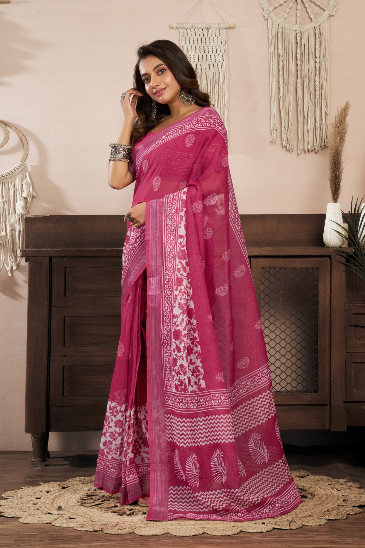 Magenta Linen Ready To Wear Saree With Zari Border Printed
