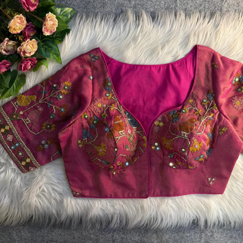 Magenta Luxe Bird Motif Mirror Work Blouse  Cosmos Silk Designer Partywear