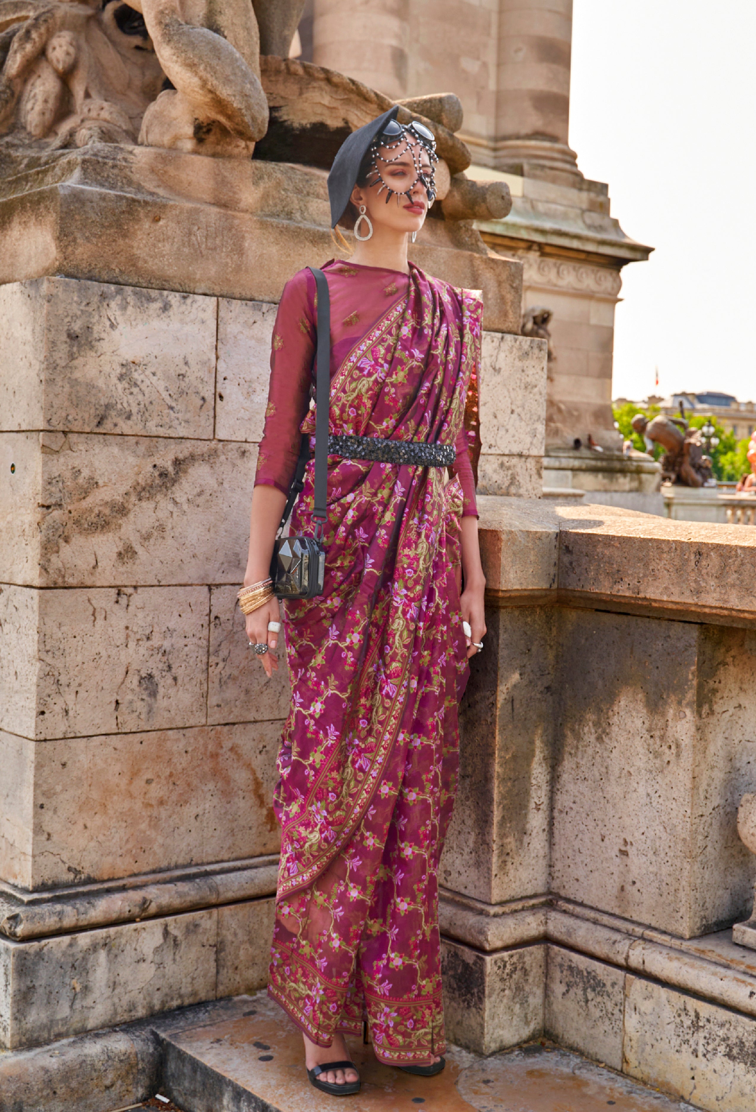 Magenta Organza Handloom Saree With  Woven Work