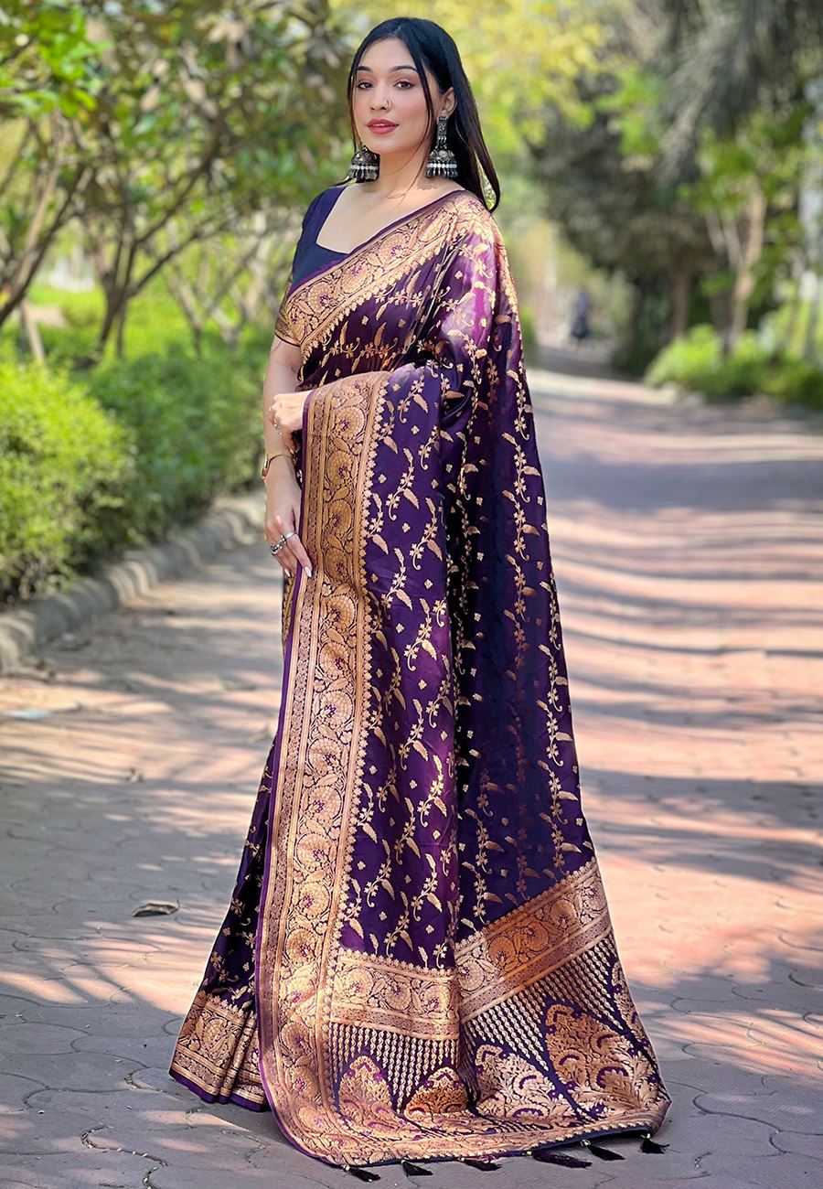 Magenta Satin Saree With Woven Work