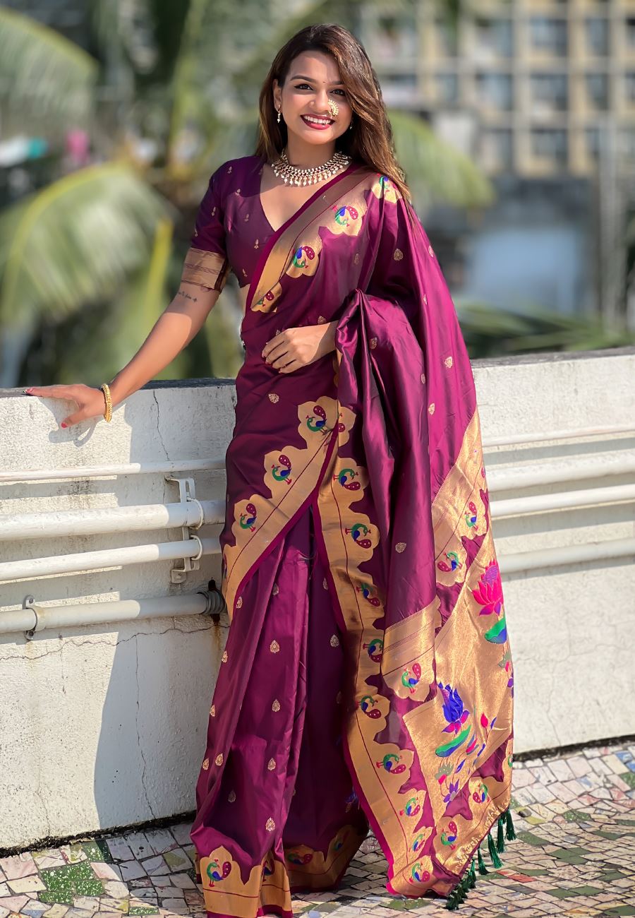 Magenta Silk Blend Paithani Saree