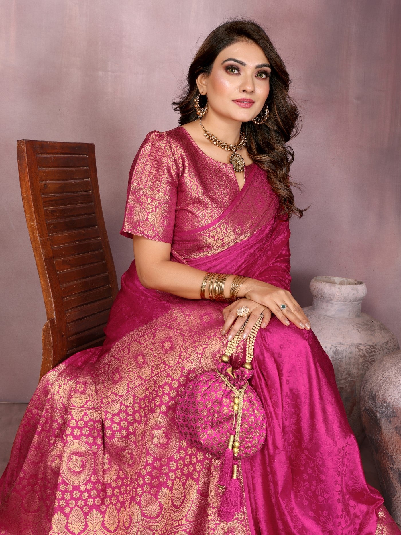 Magenta Soft Satin Silk Saree With Traditional Zari Weaving