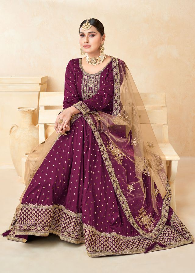 Magenta Taffeta Butti Heavy Thread Embroidery, Zari With Sequins Work  Anarkali Suits