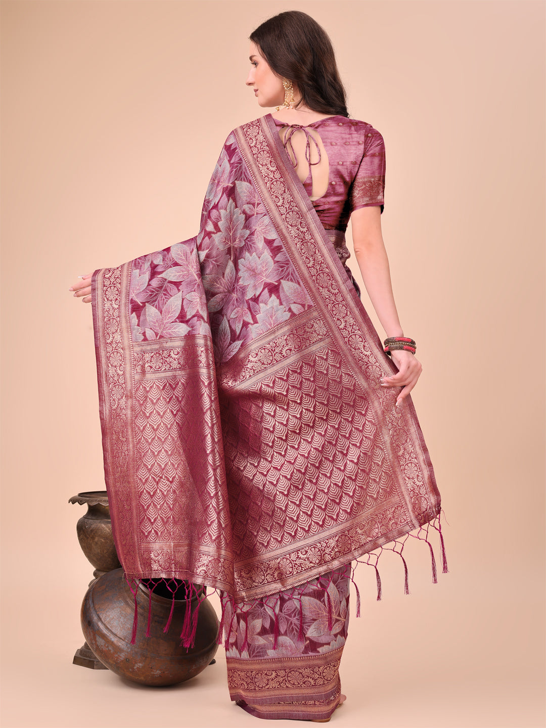 Magenta Woven Jacquard Designer With Floral Printed Cotton Ceremonial Saree