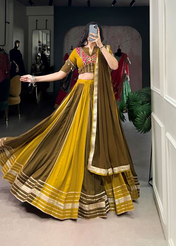 Mehendi-Mustard Rayon Lehenga Choli with Sequins Lace  Gota Patti