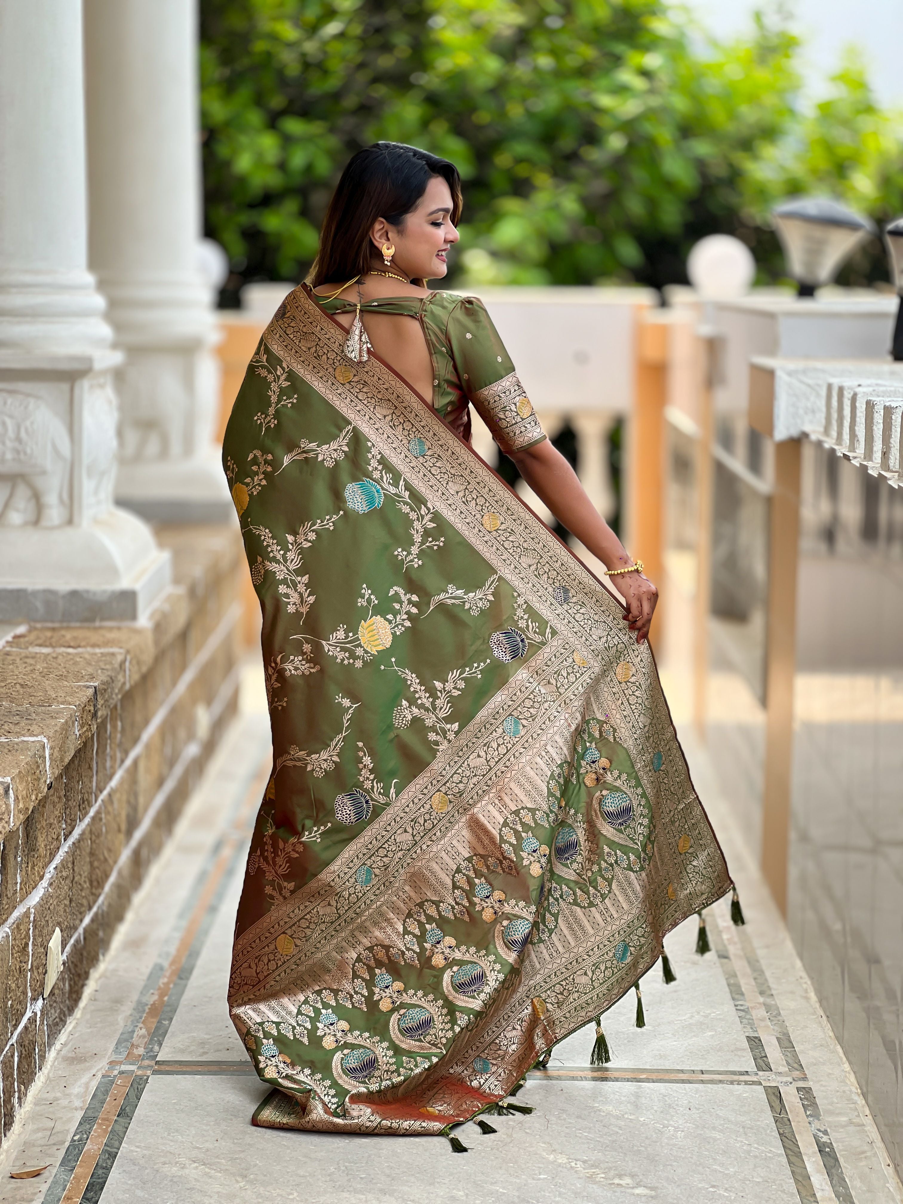 Mahendi Beautiful Banarasi Silk Woven Meenakari Designer Graceful Ethnic Saree