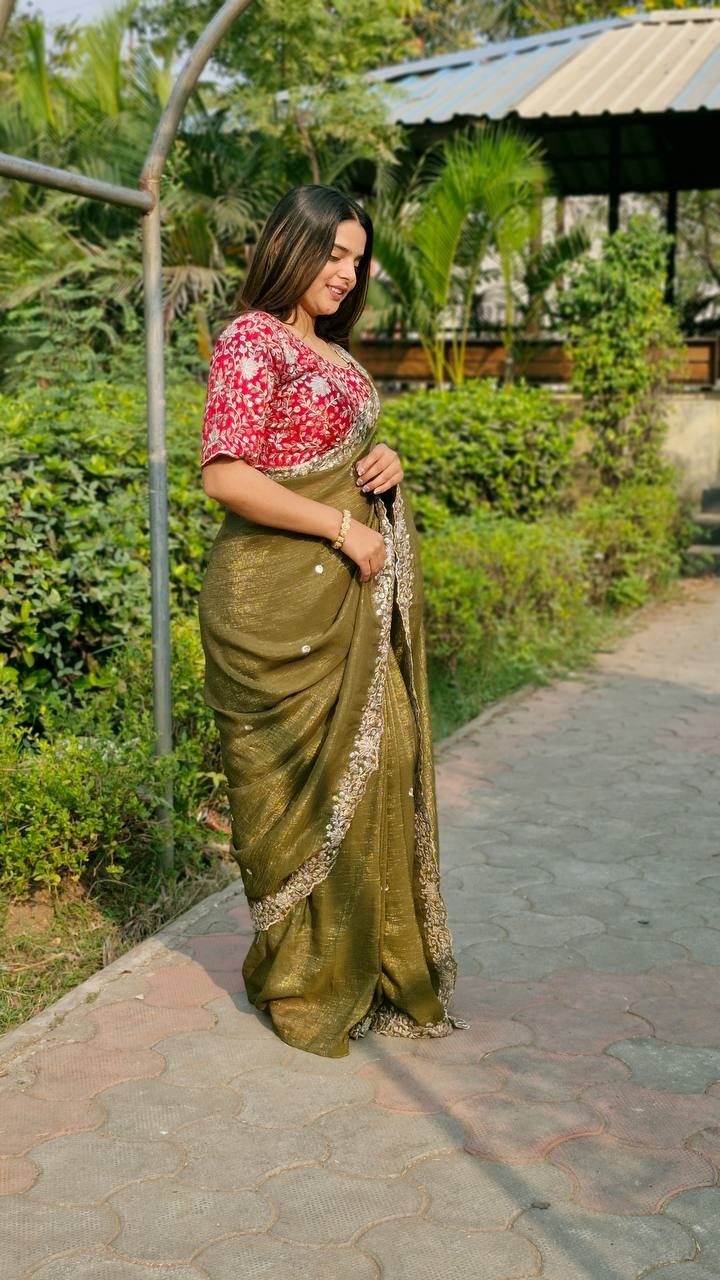 Mahendi Colour Candy Crush Silk Embroidery Work Saree
