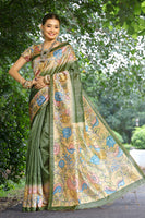 Mahendi Cotton Silk Saree with Solid Design and Printed Pallu