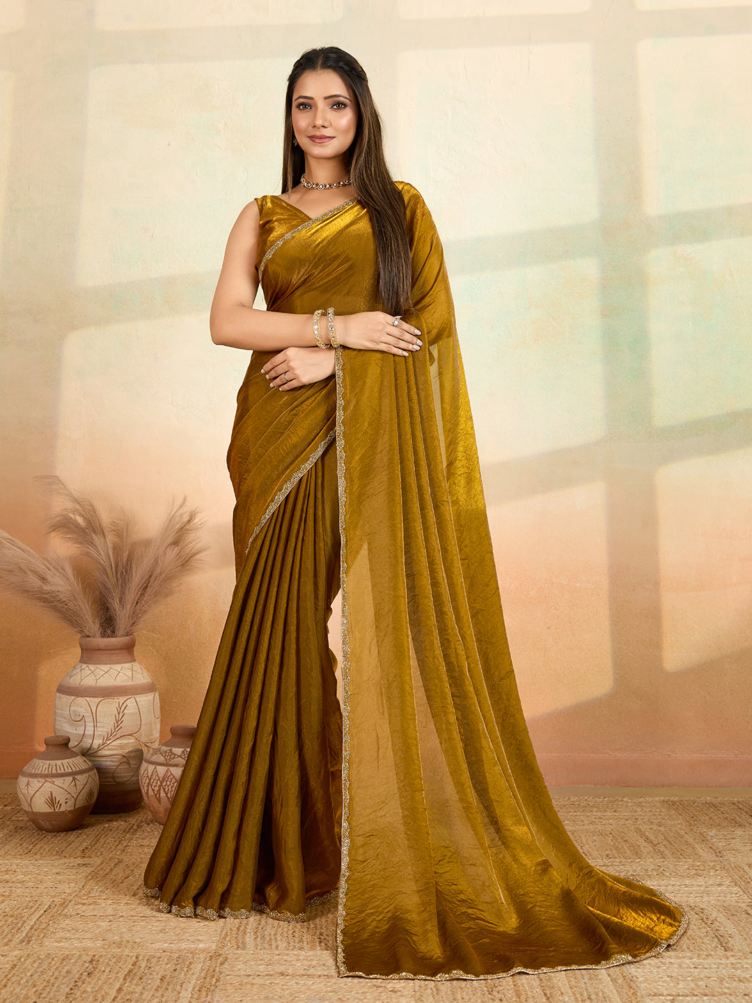 Mahendi Designer Beads Embroidery Work Fendy Satin Bollywood Style Saree