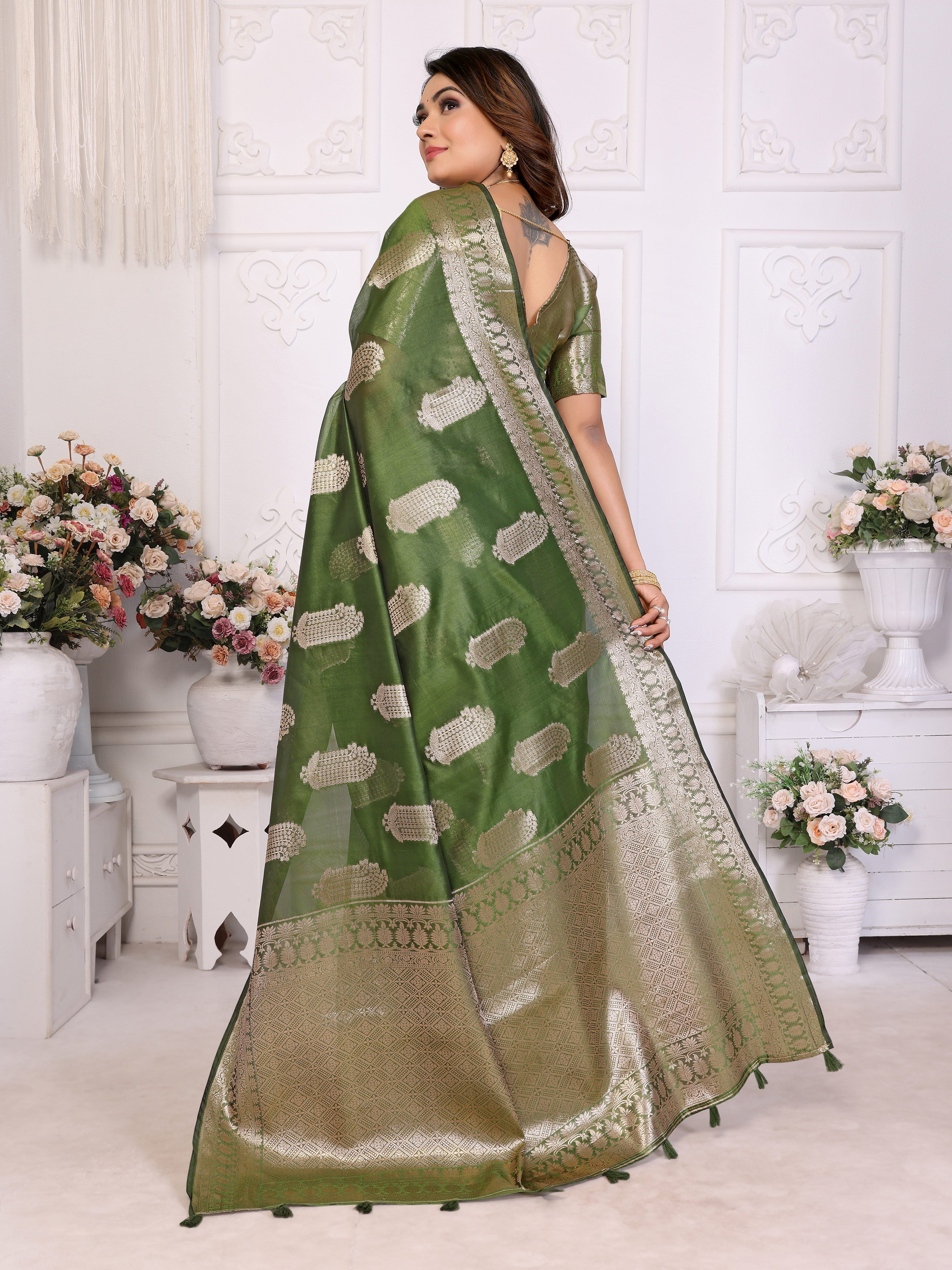 Mahendi Organza Gold Zari Designer Beautiful Festive Saree