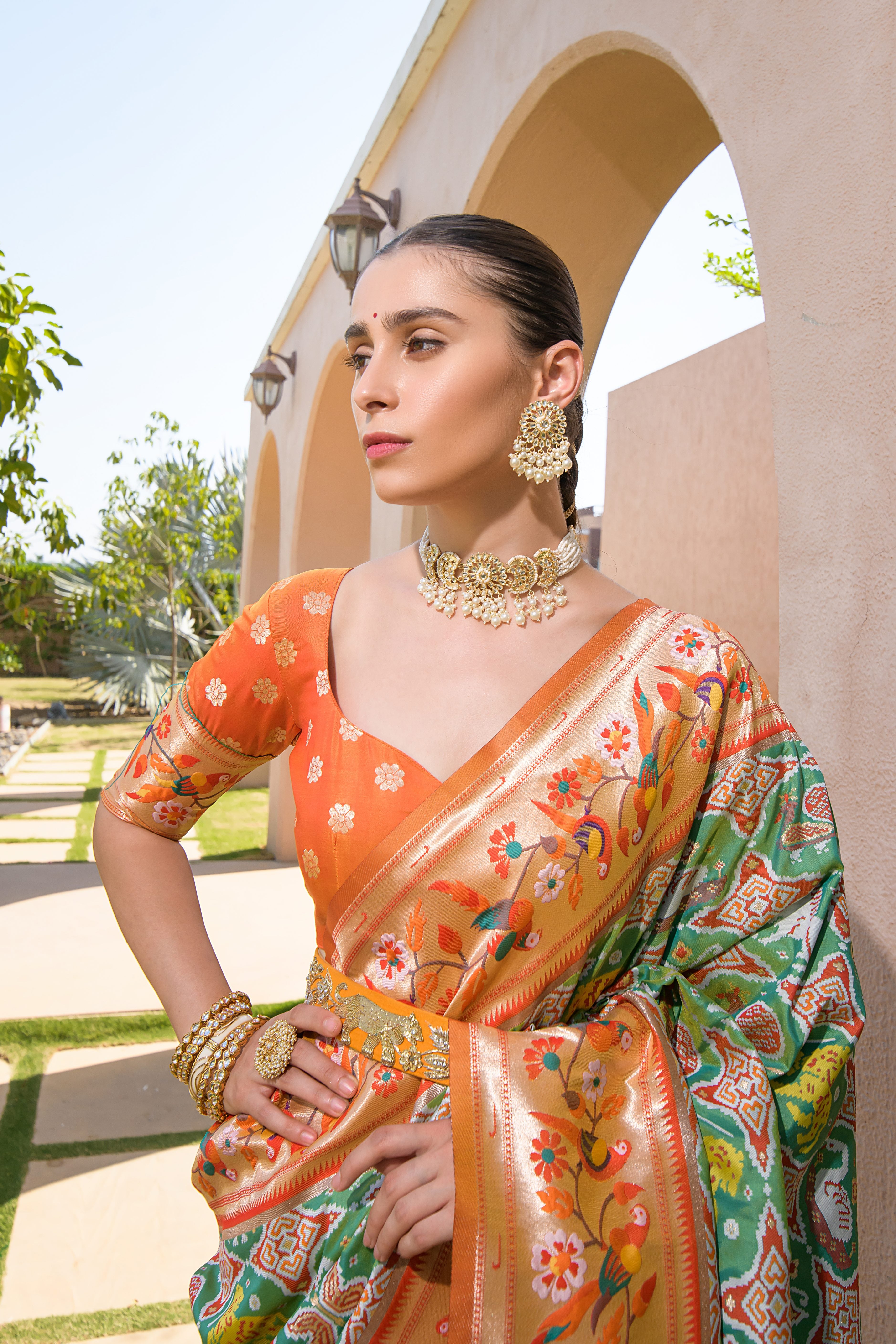 Mahendi Paithani Silk Saree with Meenakari Zari and Pallu