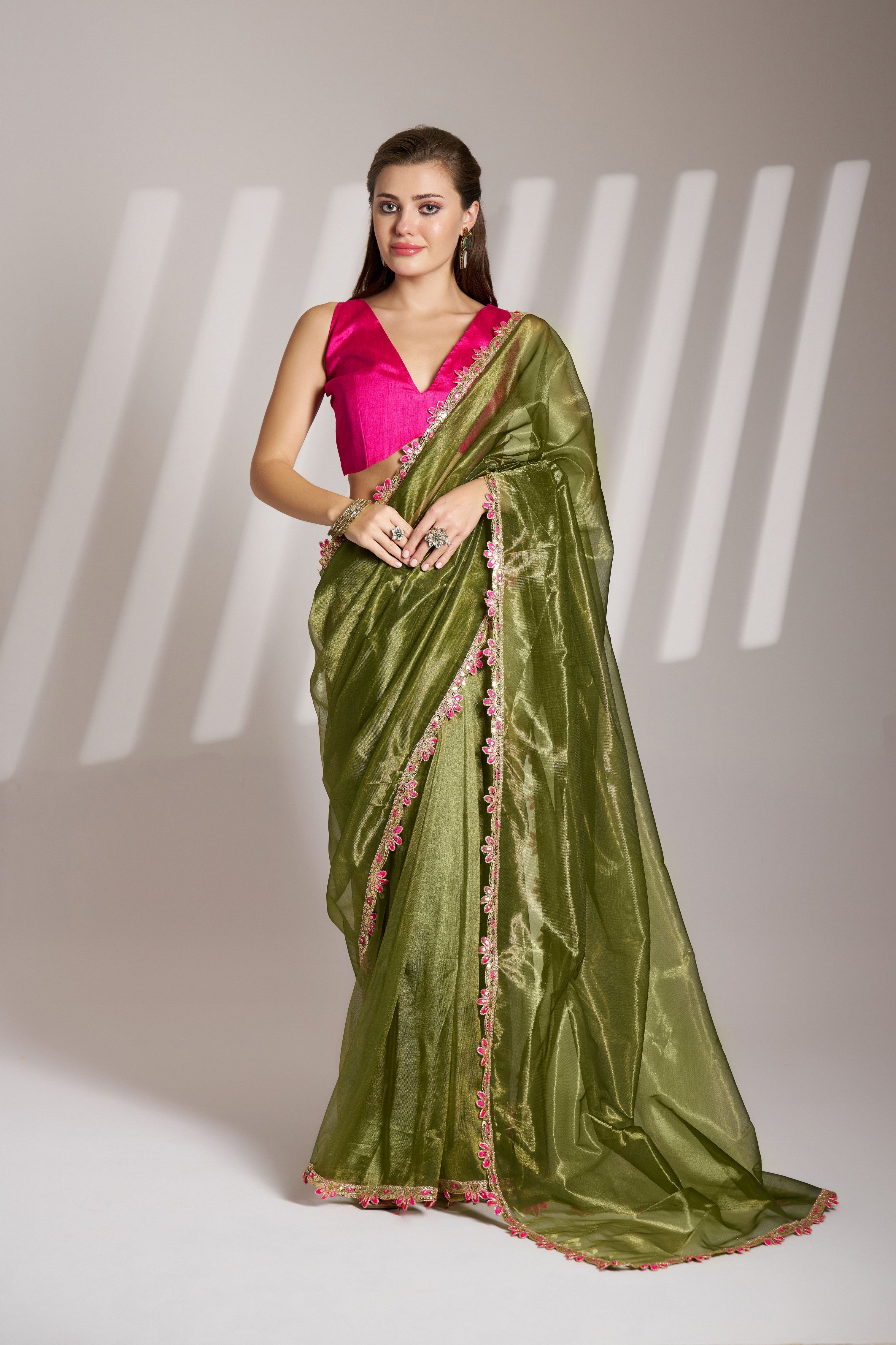 Mahendi Twill Net Solid Fancy Designer Bollywood Style Saree