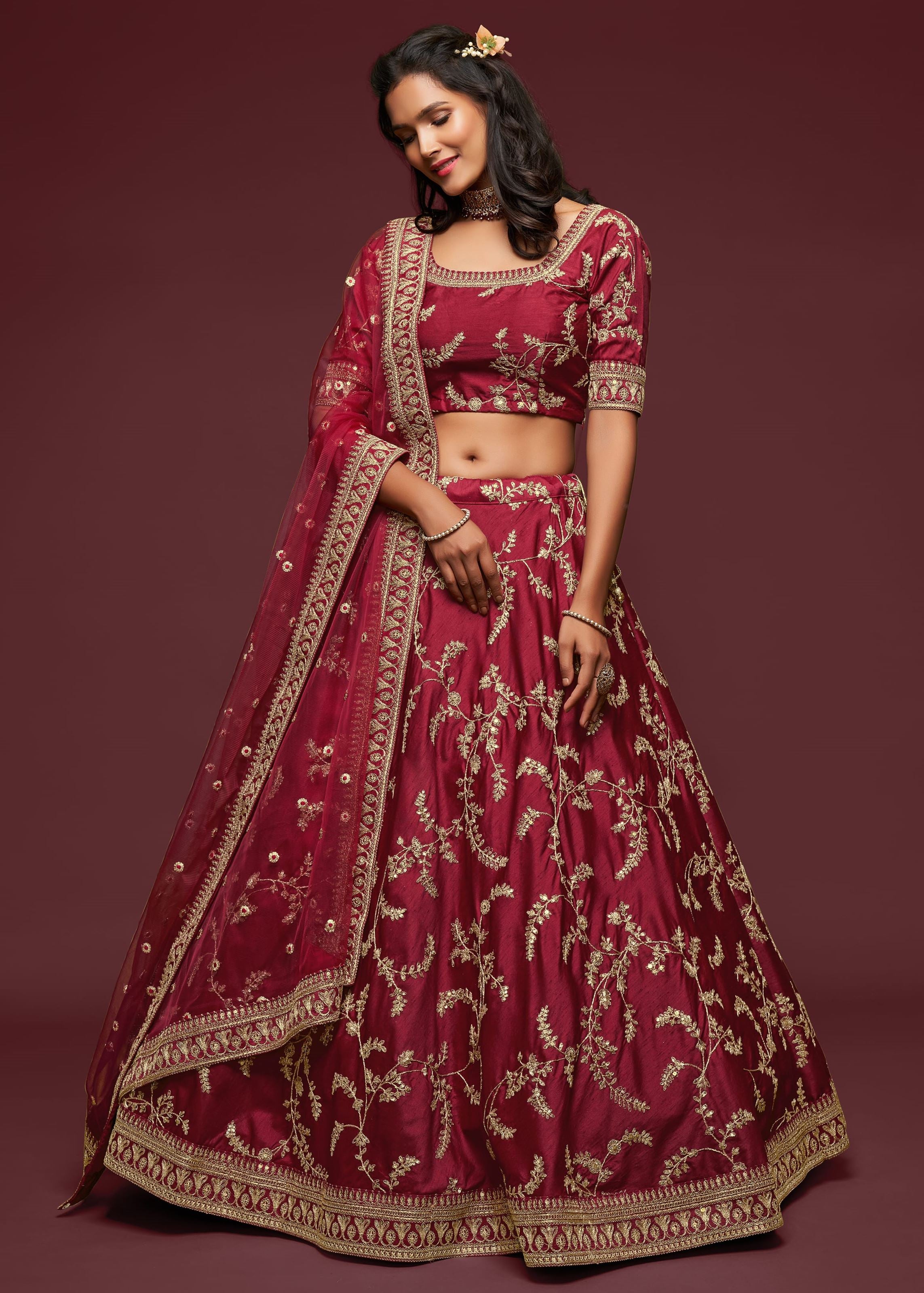 Maroon Art Silk Lehenga Choli With Thread, Zari, Dori and Sequins Embroidery Work