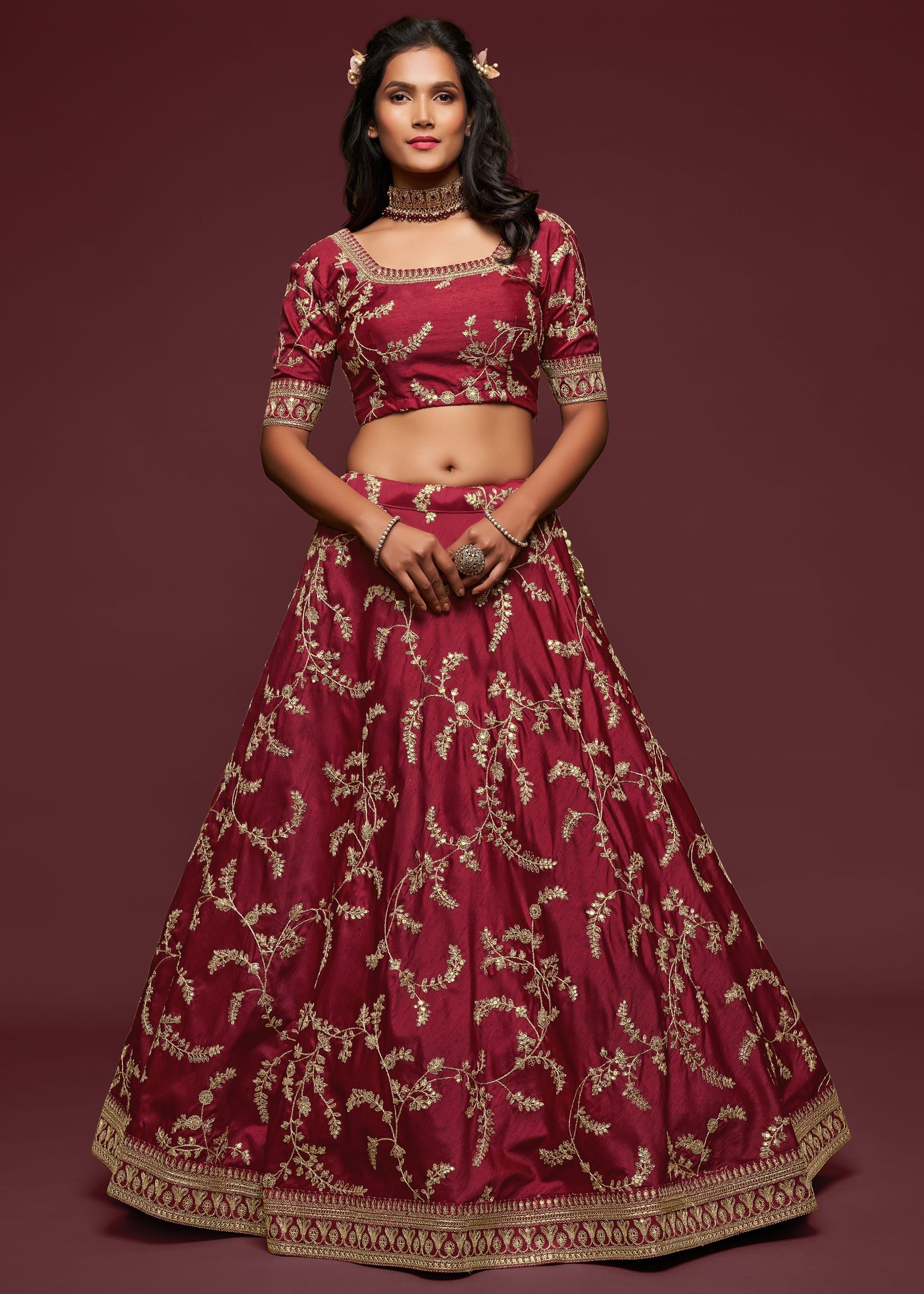 Maroon Art Silk Lehenga Choli With Thread, Zari, Dori and Sequins Embroidery Work