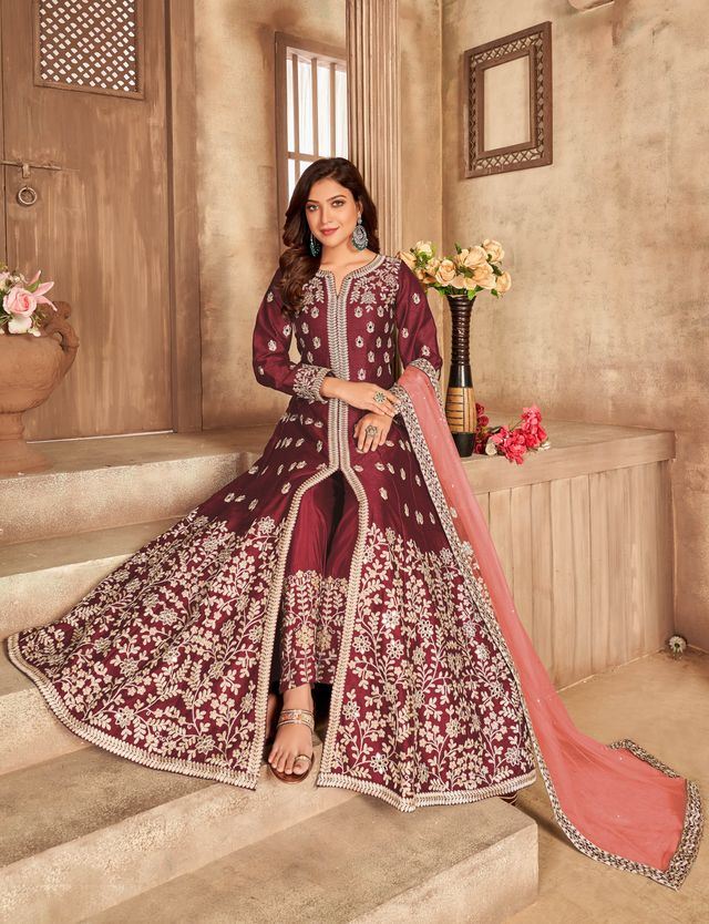 Maroon Art Silk Thread Embroidery, Zari With Mirror Work  Anarkali Suits