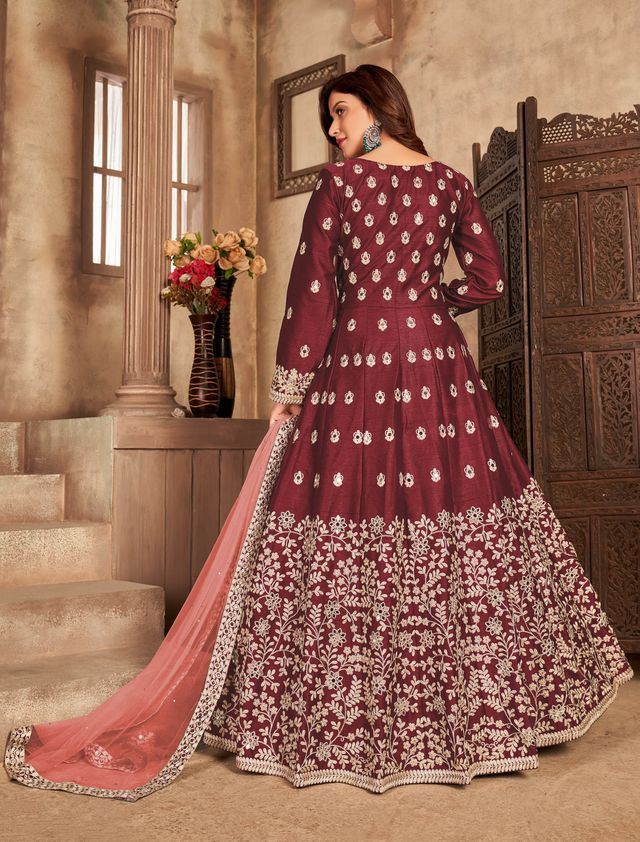 Maroon Art Silk Thread Embroidery, Zari With Mirror Work  Anarkali Suits