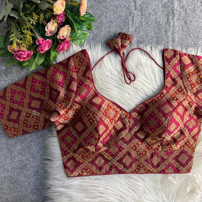 Maroon Banarasi Jacquard Patola Designer Blouse  Silk Partywear Readymade Blouse
