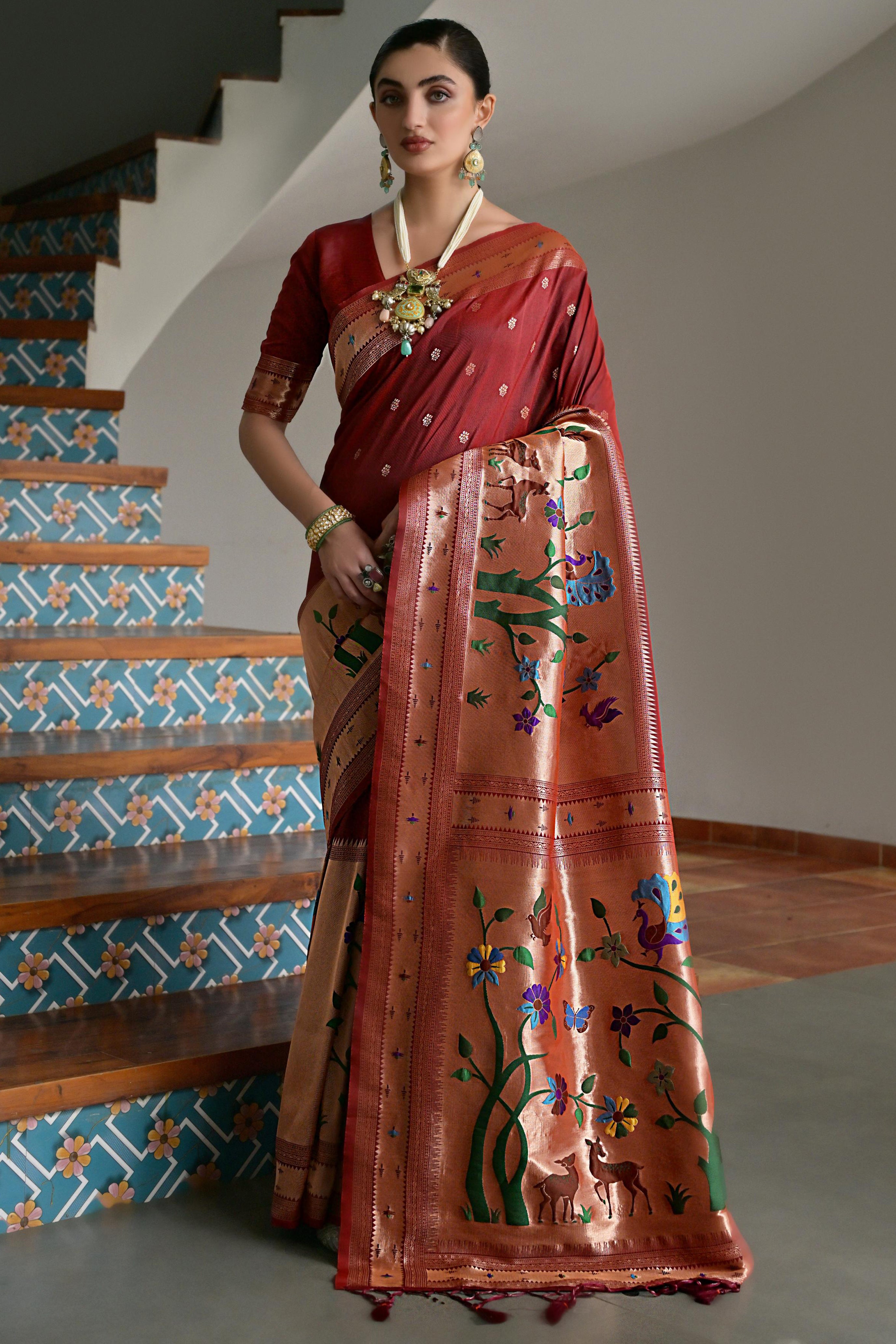 Maroon Banarasi Silk Saree with Classic Paithani Woven Elegance