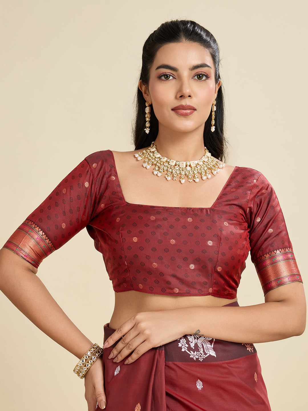 Maroon Banarasi Silk Saree with Silver Butti and Paithani Pallu