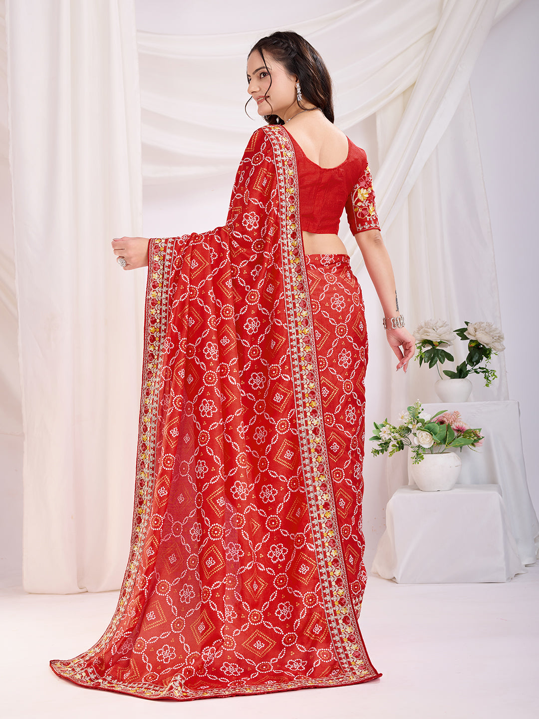 Maroon Bandhani Printed With Embroidery Work Beautiful Ceremonial Saree